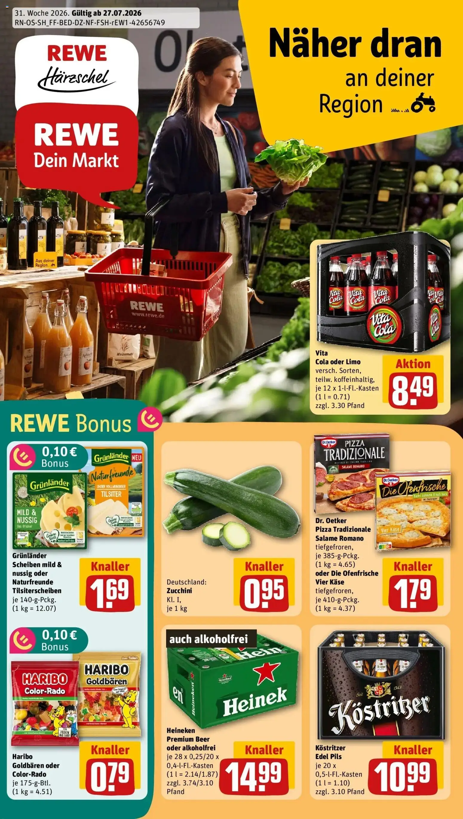 Vorschau von dem Prospekt des Geschäftes Rewe, gültig ab dem 27.07.2026 - Pizza, Haribo, Fisch, Cola, Weizenmehl, Ofenfrische, Kostritzer, Grunlander