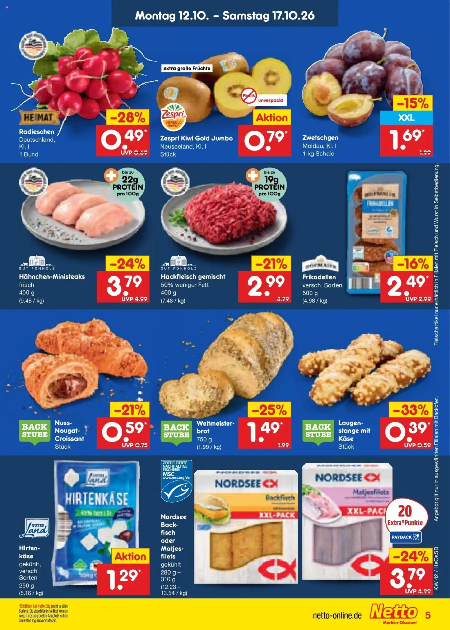 Vorschau von dem Prospekt des Geschäftes Netto Marken-Discount, gültig ab dem 12.10.2026 - Käse, Wurst, Croissant, Kiwi, Brot, Fleisch, Hackfleisch, Zwetschgen