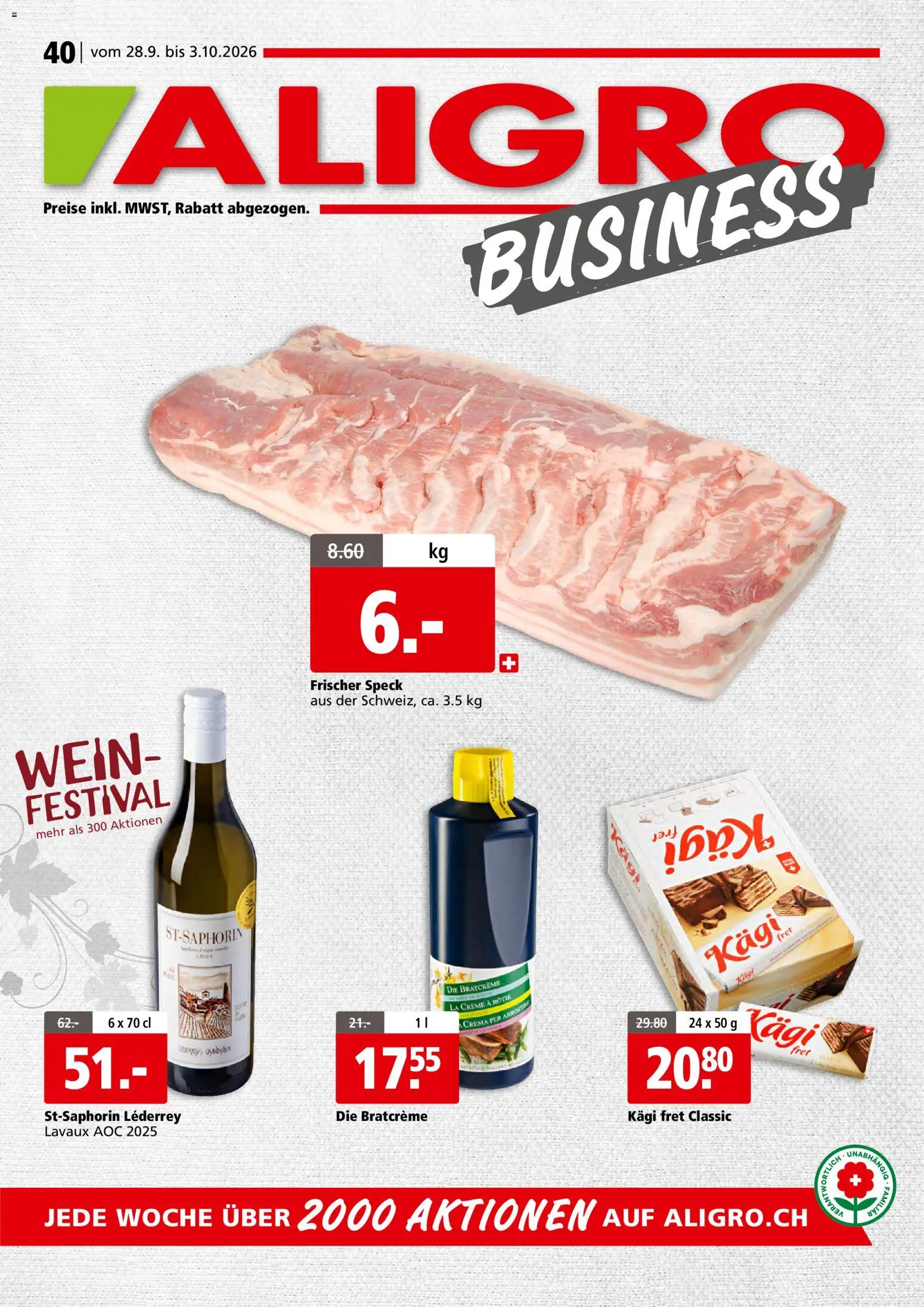 Vorschau des Merkblatts Aligro aktionen Business Schlieren, Gossau SG, Frauenfeld, Rapperswil-Jona, Sargans, Bern vom Shop Aligro gültig von 28.09.2026 bis 03.10.2026