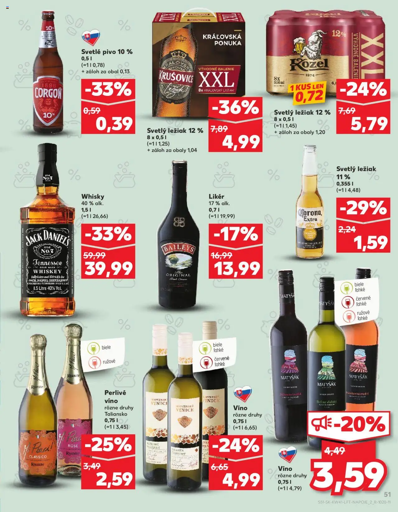 Náhľad Kaufland letáku platného od 09.10.2025 - Pivo, Víno, Baileys, Whisky, Krušovice, Corgoň, Jack Daniel's, Perlivé víno
