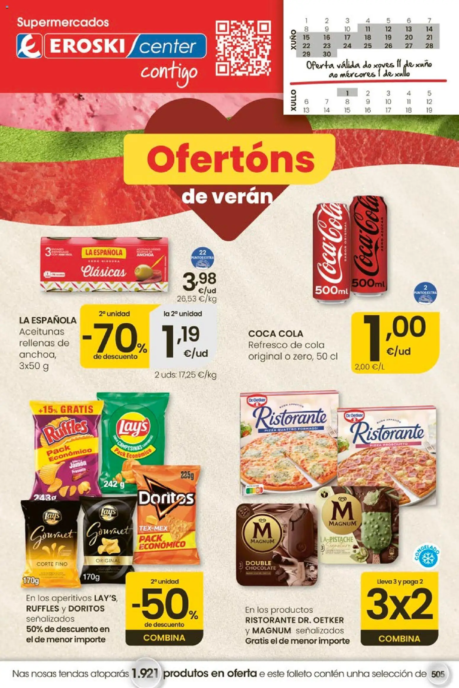 Vista previa del folleto de la tienda Eroski válido desde el 11/06/2026 - Pizza, Chocolate, Jamón, Aceitunas, Anchoa, Magnum
