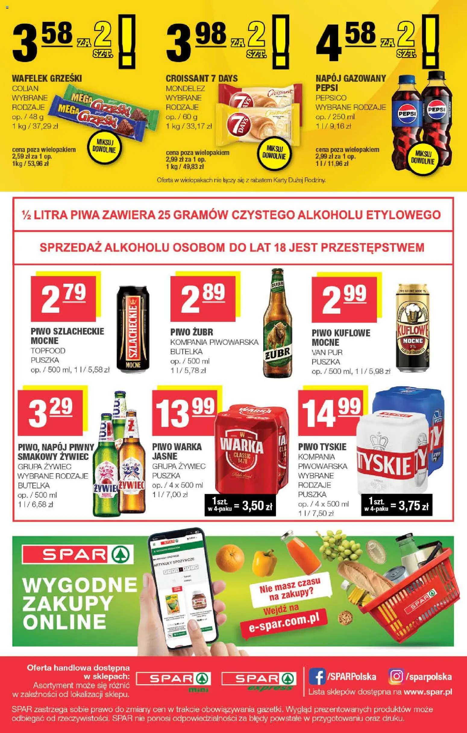 Pogląd gazetki "Spar gazetka - Mini" ze sklepu Spar ważnej od 07.10.2026 - Warka, Piwo, Croissant, Pepsi, Wafelek, Piwo żubr, Piwo tyskie, Piwo Warka