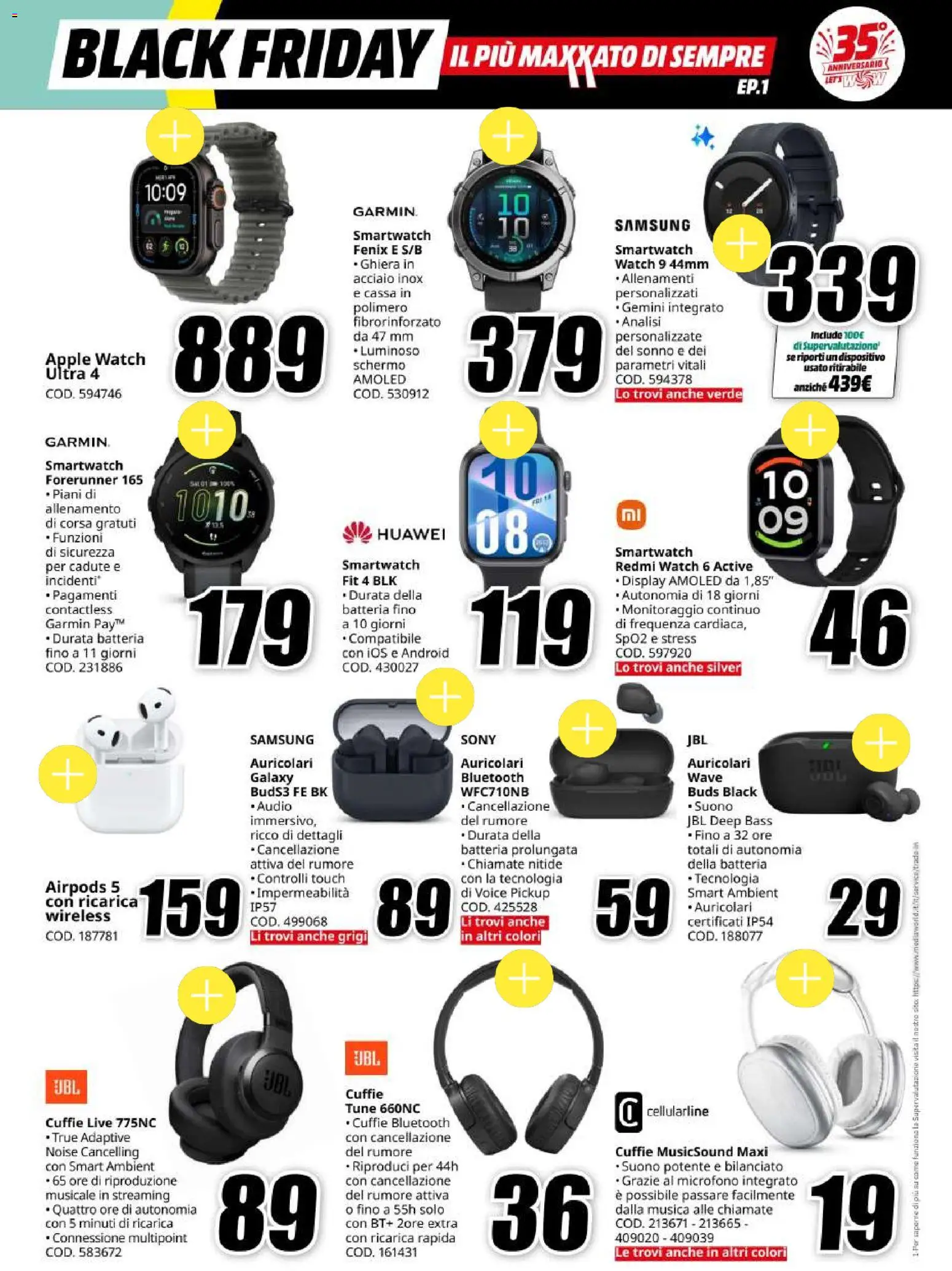 Anteprima dell'opuscolo Media World Black Friday dal negozio Media World valido da 30/10/2026 - Samsung, Apple Watch, Huawei, Smartwatch, Batteria, Microfono, Audio, Schermo