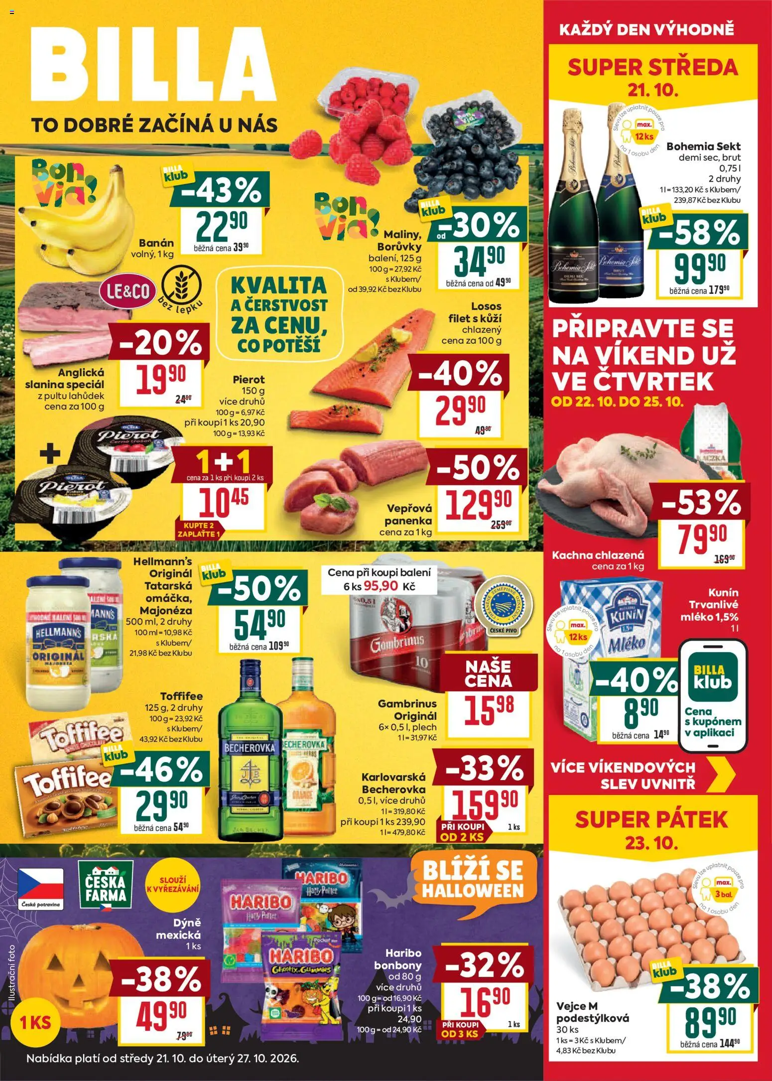 Náhled nabídky: Billa Billa Malý leták platný od 21.10.2026 - Becherovka, Losos, Bohemia sekt, Borůvky, Plech, Majonéza, Hellmann's, Vejce M