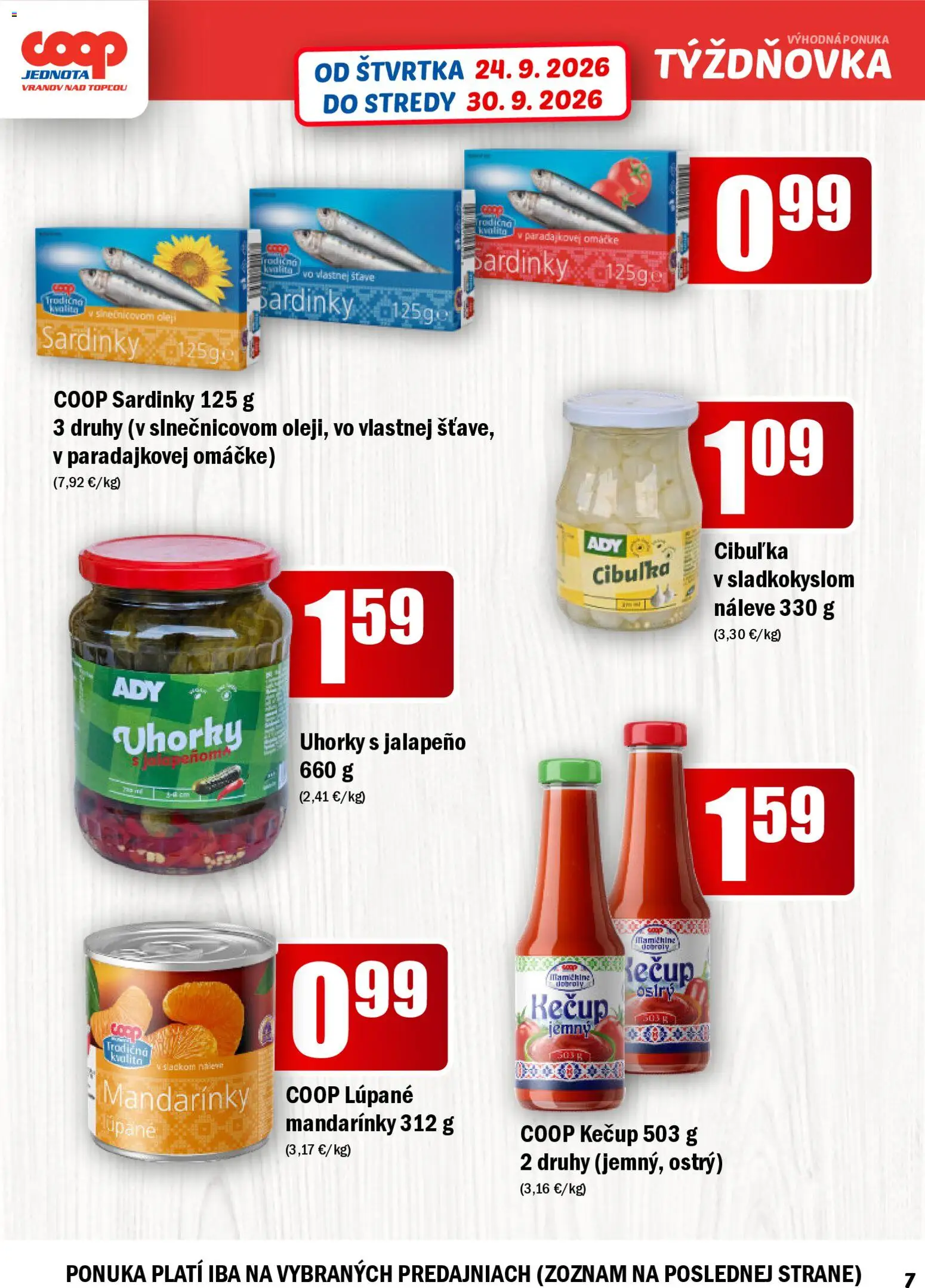 Náhľad COOP Jednota letáku platného od 24.09.2026 - Kečup, Sardinky, Uhorky, Mandarinky