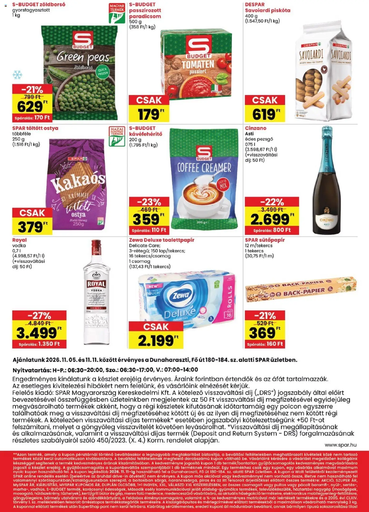 Spar - Spar akciós újság Dunaharaszti megtekintése, amely érvényes 2026.11.05.-től - Szőlő, Piskóta, Pezsgő, Zöldborsó, Ostya, Sütőpapír, Zewa, Töltött ostya