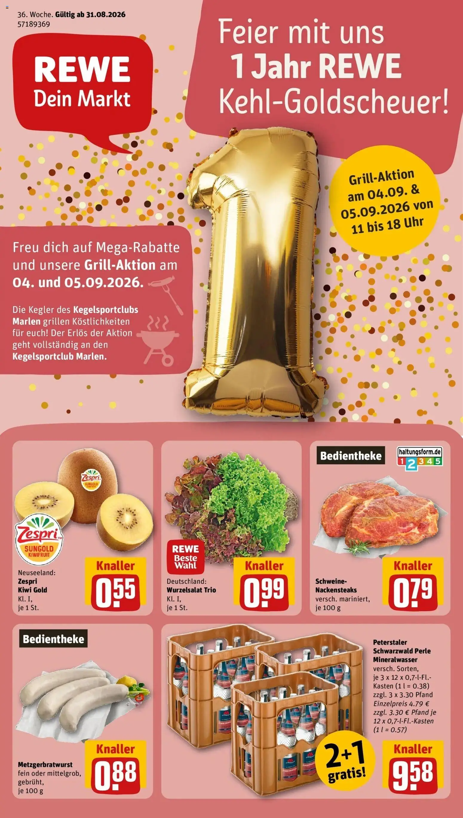 Vorschau von dem Prospekt des Geschäftes Rewe, gültig ab dem 31.08.2026 - Uhr, Kiwi, Mineralwasser, Nackensteaks
