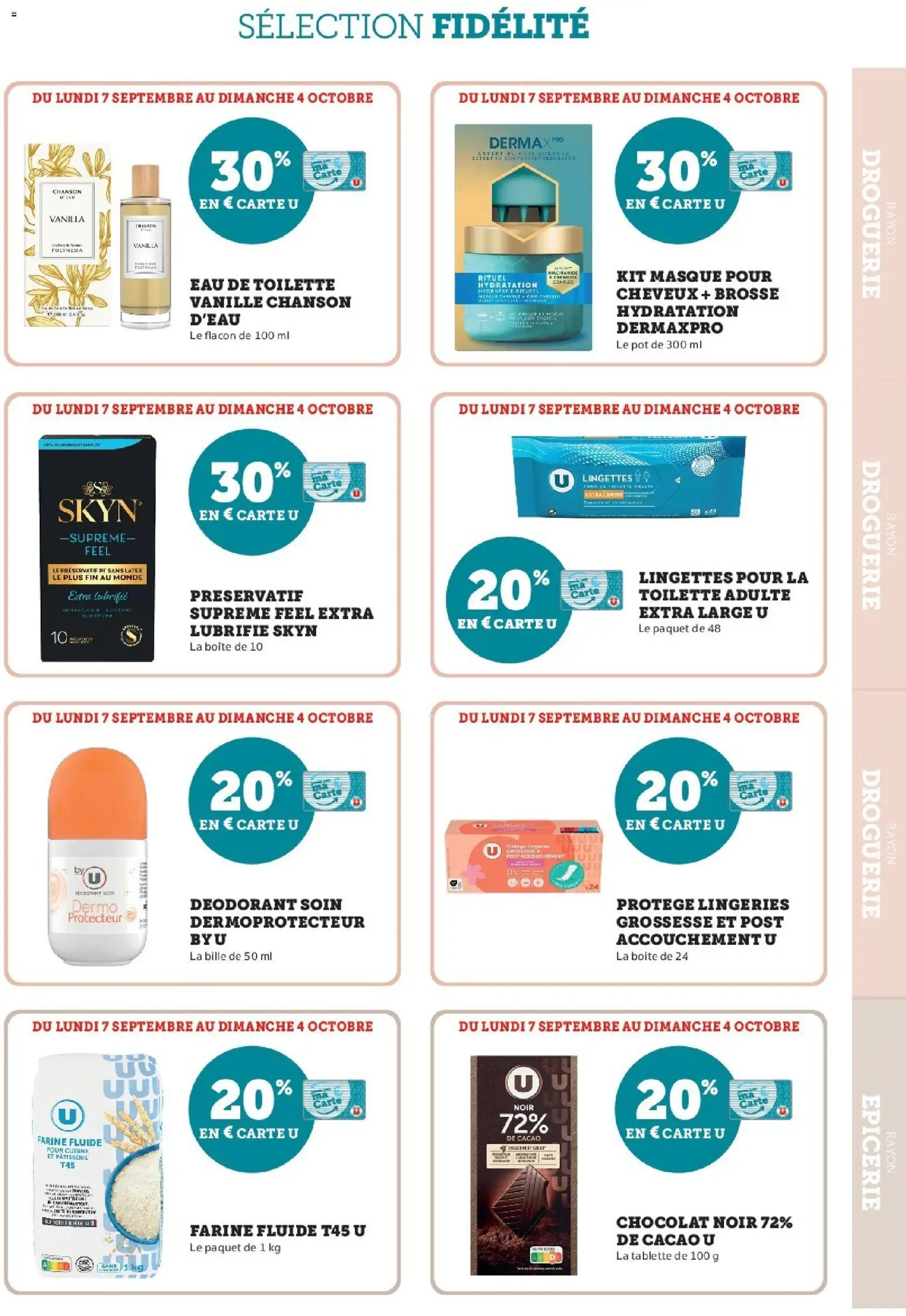 Prévisualisation de Super U - Ma sélection Carte U Septembre du magasin Super U formulaire valide 07/09/2026 - Chocolat, Tablette, Vanille, Masque, Farine, Eau de toilette, Cacao, Farine fluide