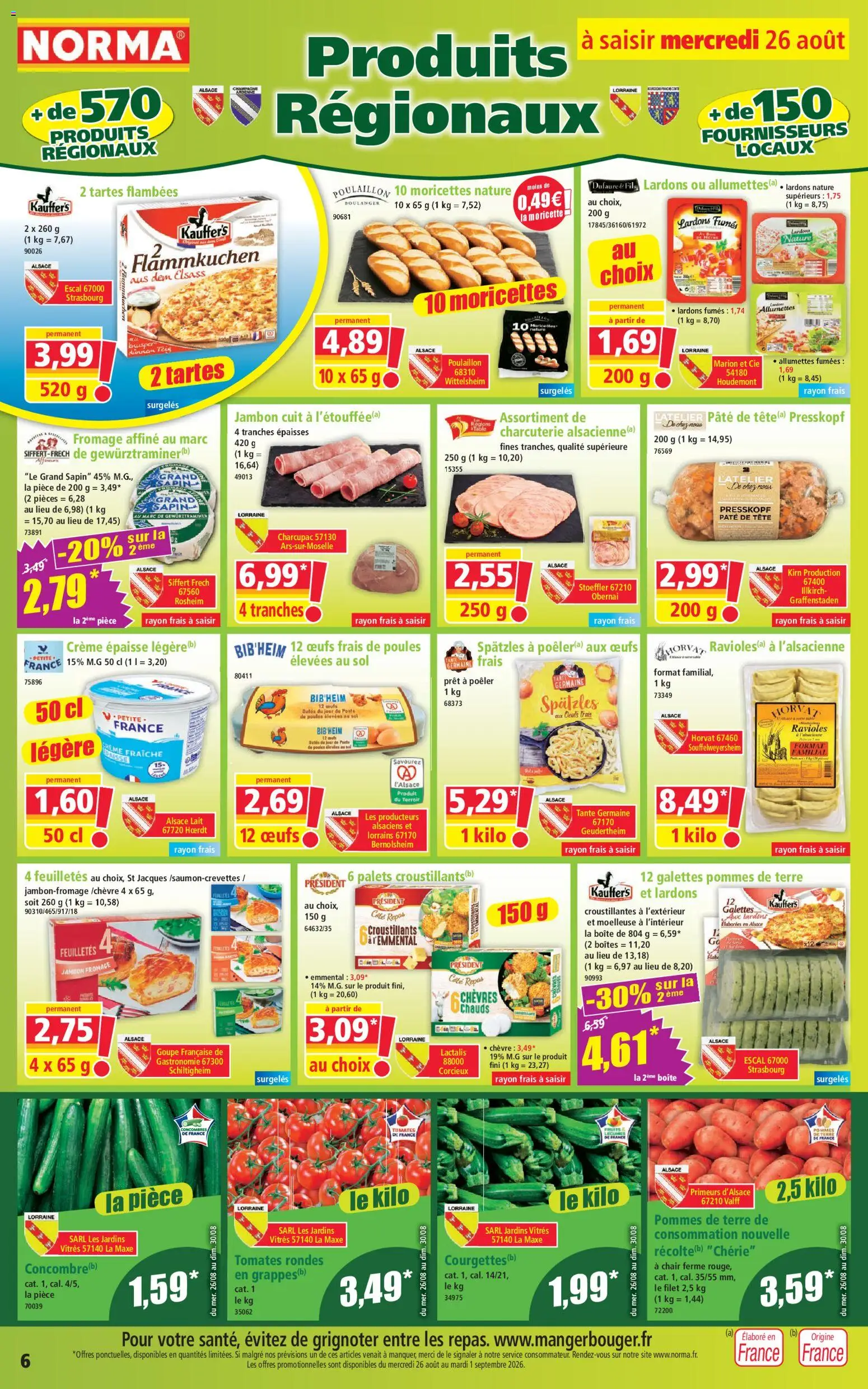 Prévisualisation de Norma catalogue du magasin Norma formulaire valide 26/08/2026 - Œufs, Pâte, Pommes de terre, Crème fraiche, Lardons, Gewurztraminer, Pommes, Allumettes