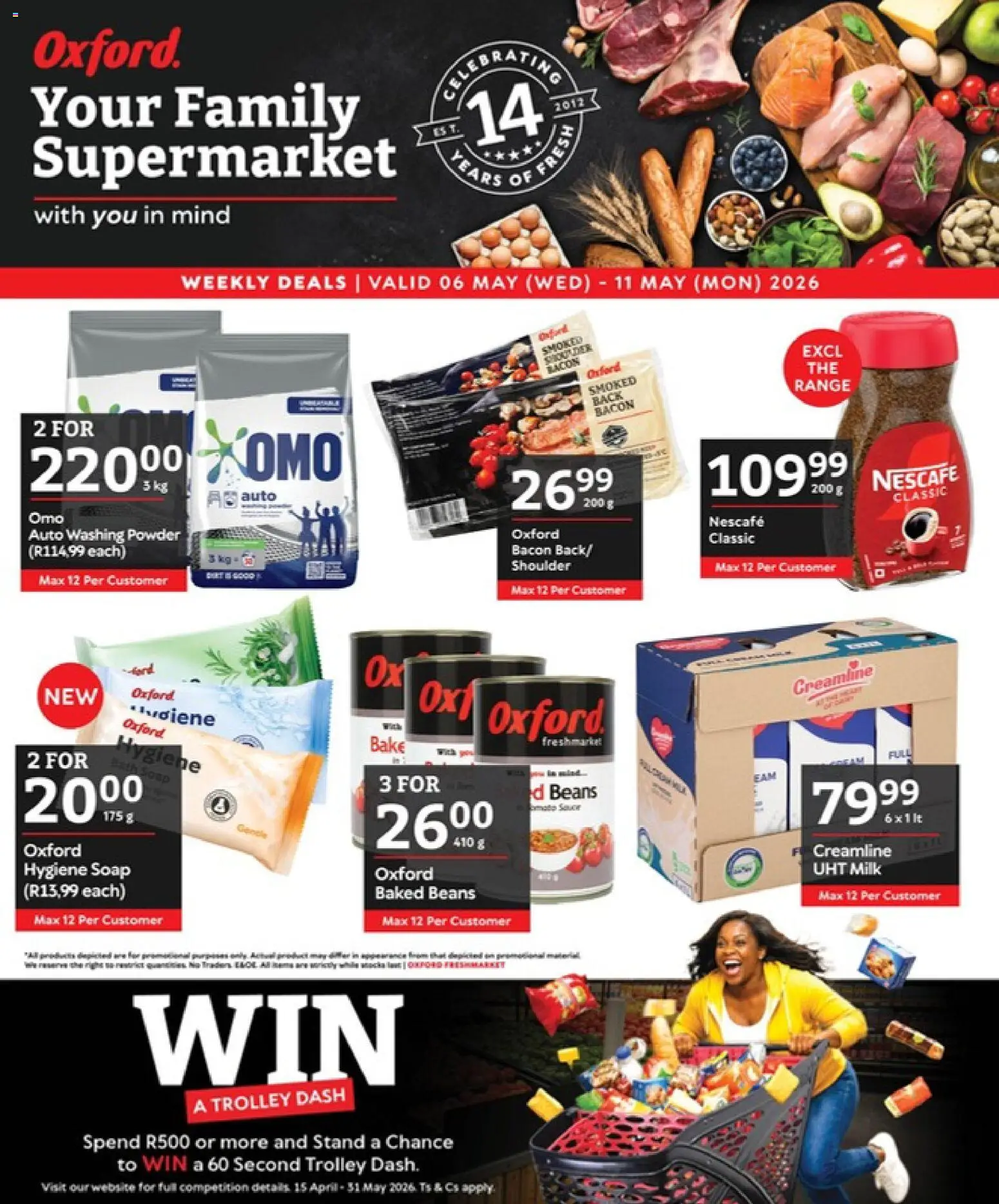 Preview of Oxford Freshmarket flyer valid from 06/05/2026 - Milk, Soap, Beans, Washing powder, Bacon, Baked beans, Powder