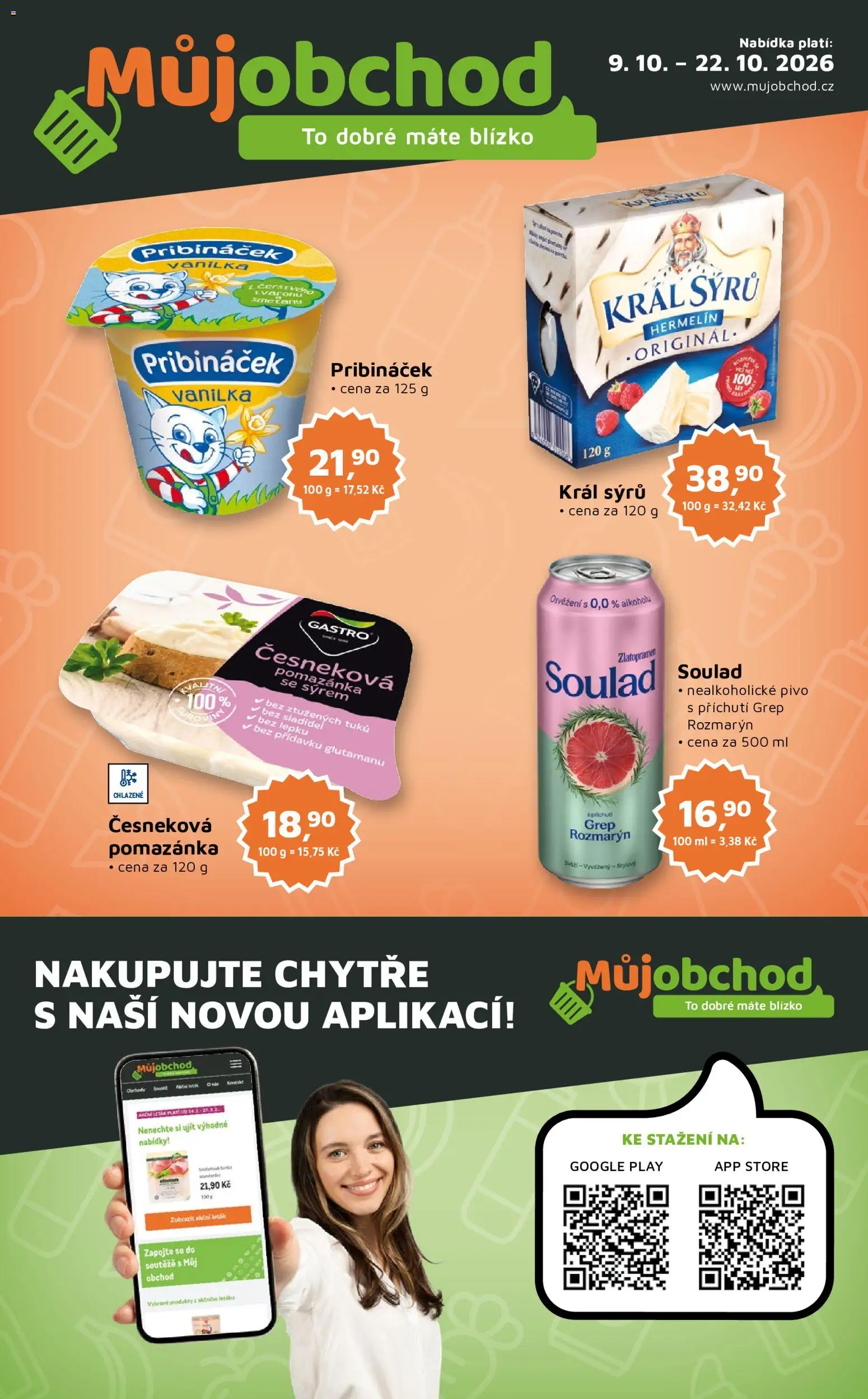 Náhled nabídky: Můj obchod Můj obchod leták - Brand platný od 09.10.2026 - Pivo, Hermelín, Pomazánka, Pribináček, Vanilka, Grep, Zlatopramen, Nealkoholické pivo