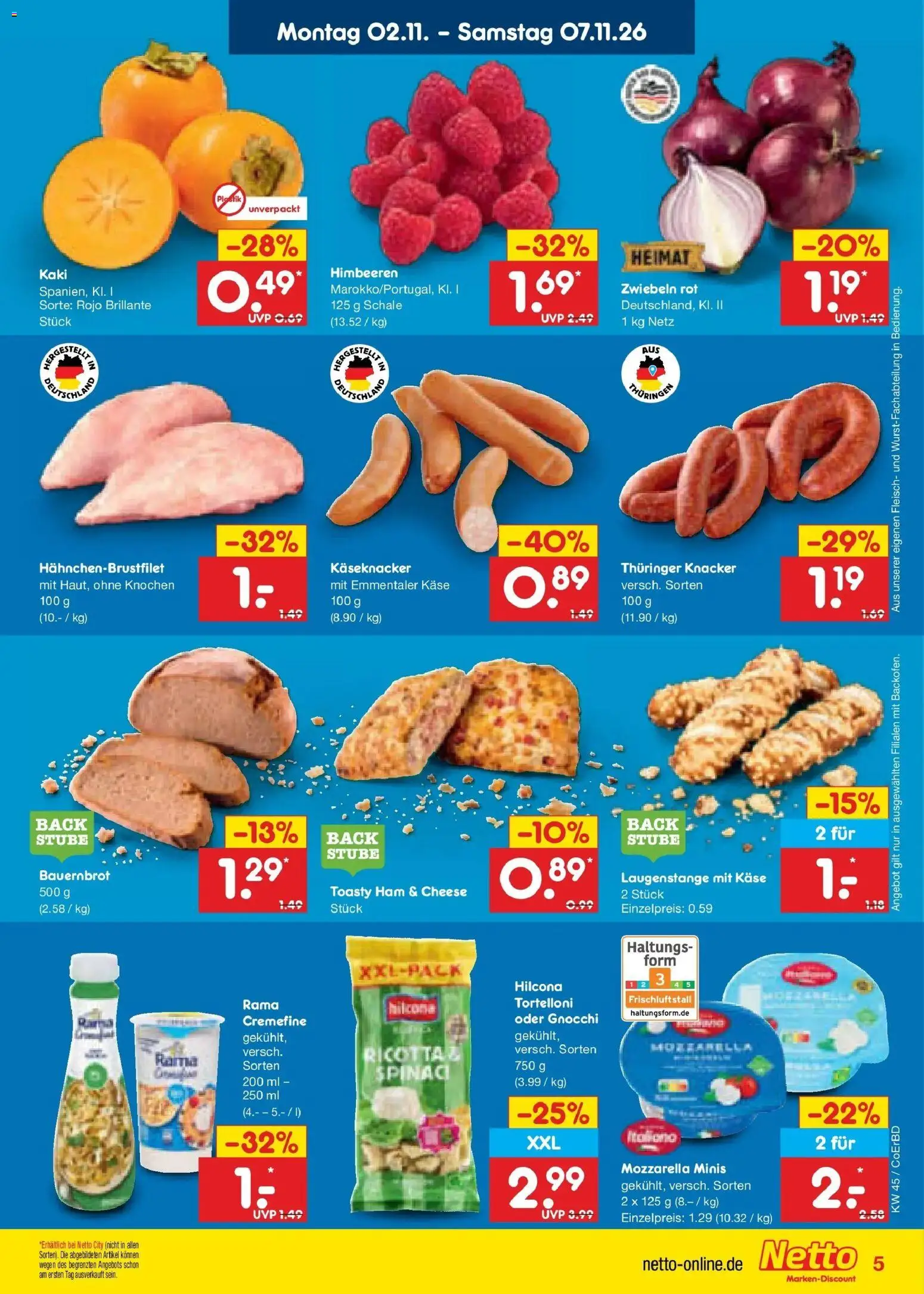 Vorschau von dem Prospekt des Geschäftes Netto Marken-Discount, gültig ab dem 02.11.2026 - Käse, Gnocchi, Himbeeren, Mozzarella, Fleisch, Rama, Zwiebeln