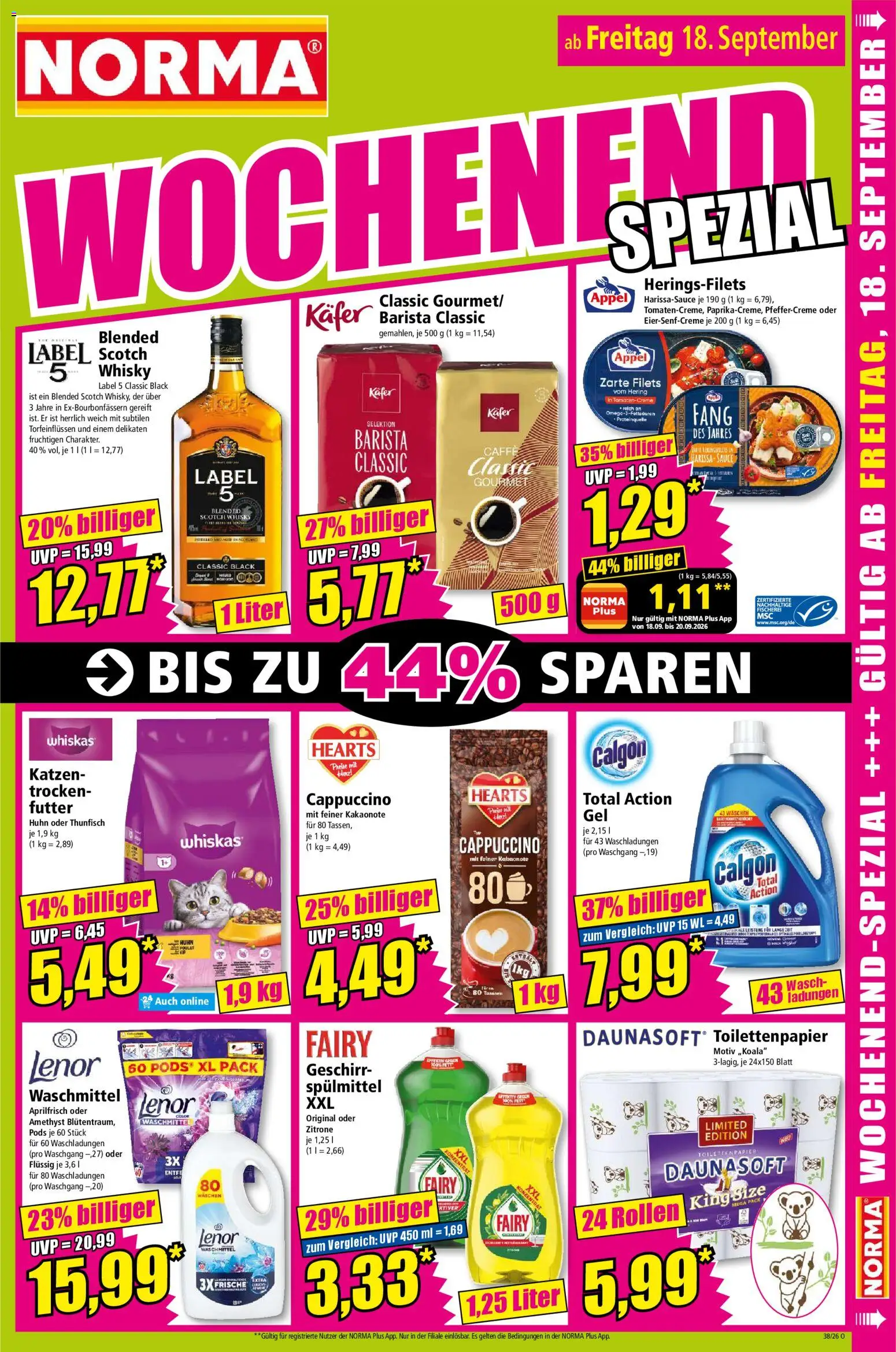 Vorschau von dem Prospekt des Geschäftes Norma, gültig ab dem 14.09.2026 - Whisky, Thunfisch, Toilettenpapier, Zitrone, Hering, Waschmittel, Lenor, Whiskas