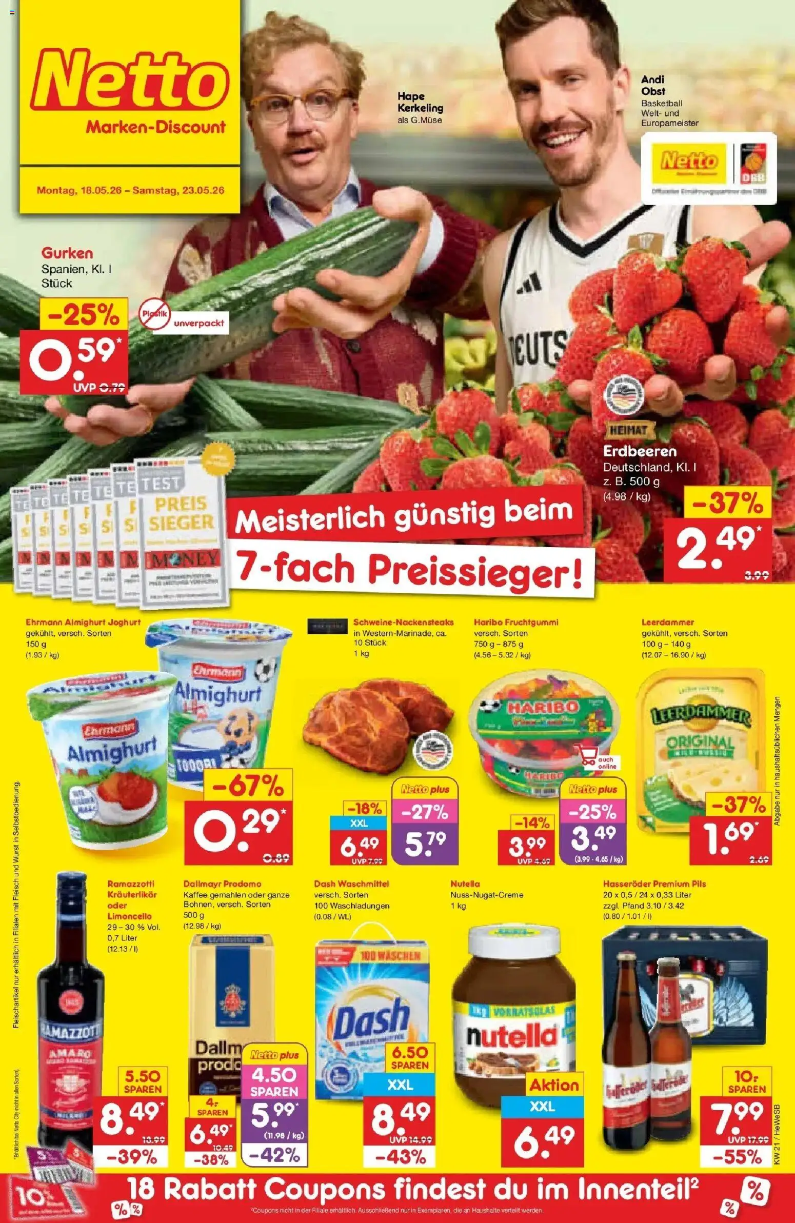 Vorschau von dem Prospekt des Geschäftes Netto Marken-Discount, gültig ab dem 18.05.2026 - Basketball, Nutella, Joghurt, Limoncello, Obst, Gurken, Waschmittel, Ehrmann almighurt