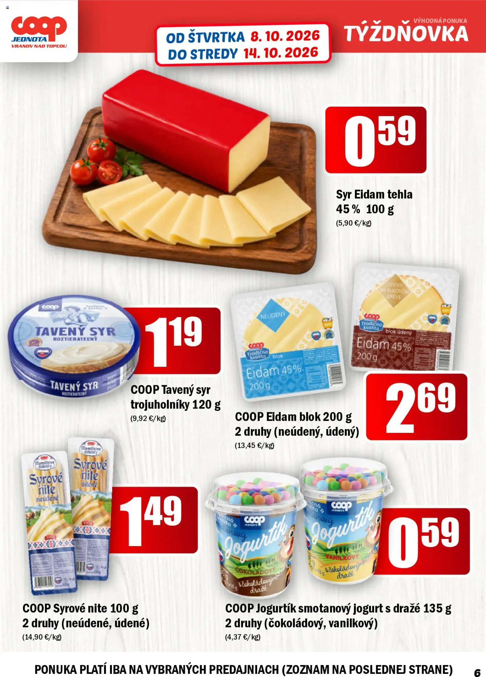 Náhľad COOP Jednota letáku platného od 08.10.2026 - Syr, Jogurt, Eidam, Tavený syr, Smotanový jogurt, Eidam 45%