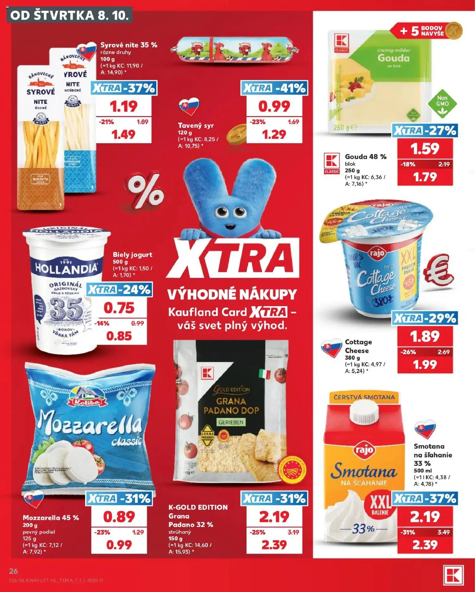 Náhľad Kaufland letáku platného od 08.10.2026 - Syr, Mozzarella, Cottage cheese, Smotana na šľahanie, Jogurt, Smotana, Gouda, Tavený syr