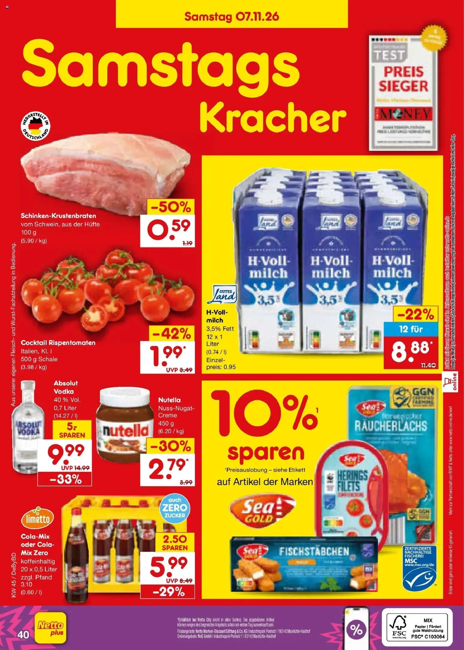 Vorschau von dem Prospekt des Geschäftes Netto Marken-Discount, gültig ab dem 02.11.2026 - Bilder, Nutella, Cola, Milch, Fleisch, Creme, Räucherlachs, Fischstabchen