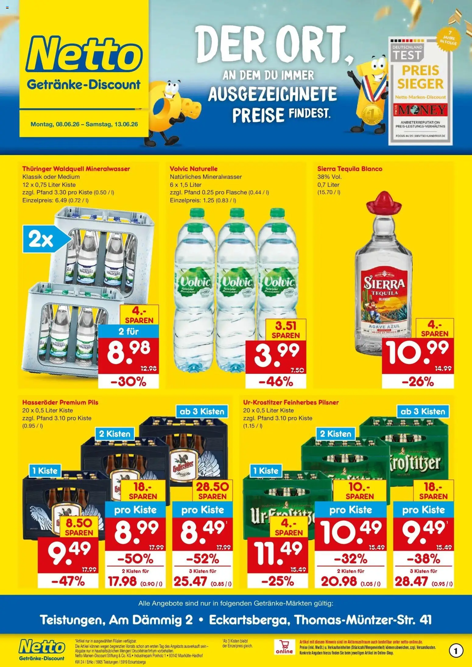 Vorschau von dem Prospekt des Geschäftes Netto Marken-Discount, gültig ab dem 08.06.2026 - Mineralwasser, Tequila, Volvic, Hasseröder, Pils