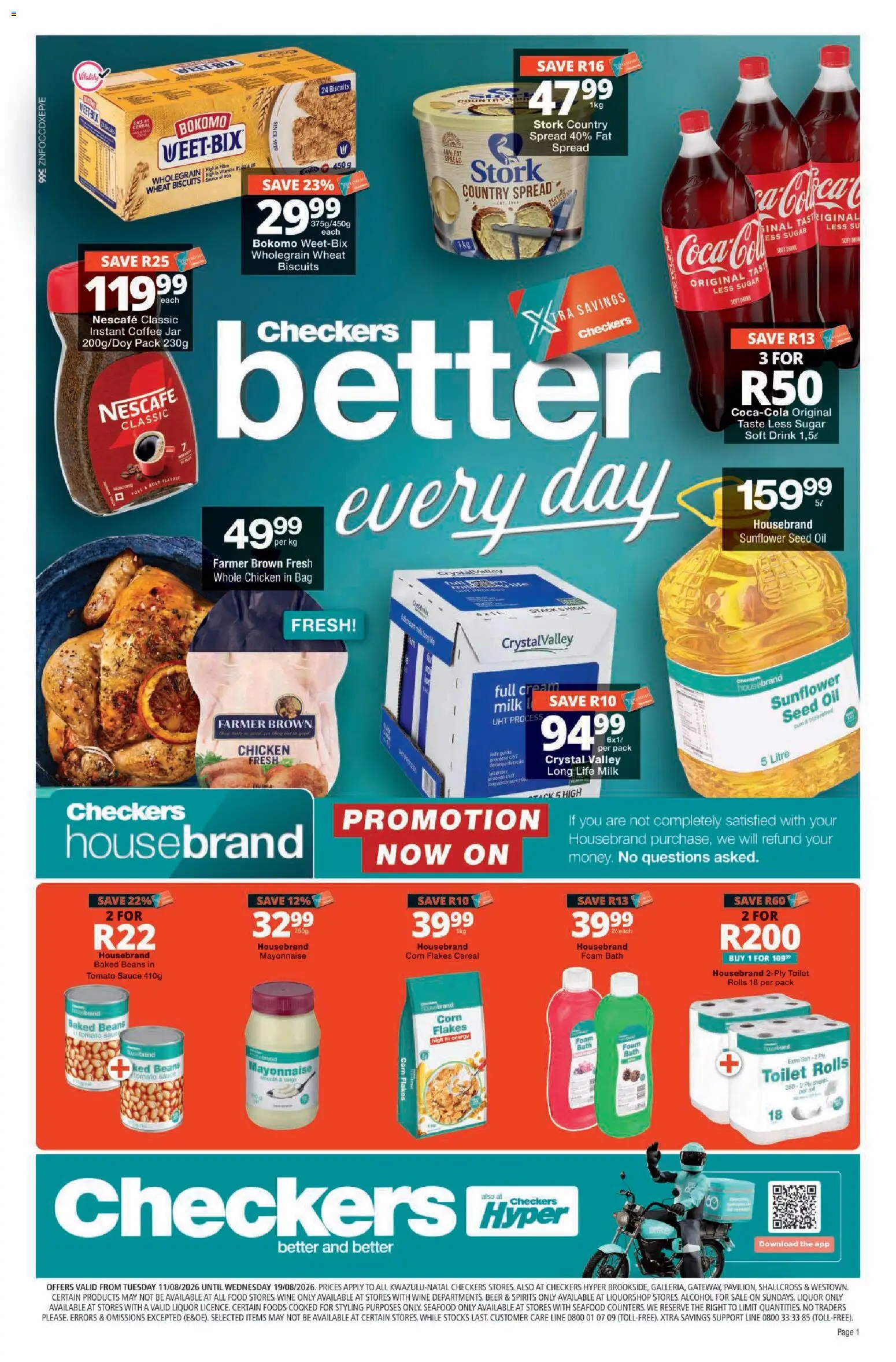 Preview of Checkers flyer valid from 11/08/2026 - Coffee, Wine, Milk, Seafood, Sugar, Tomato sauce, Baked beans, Bath foam