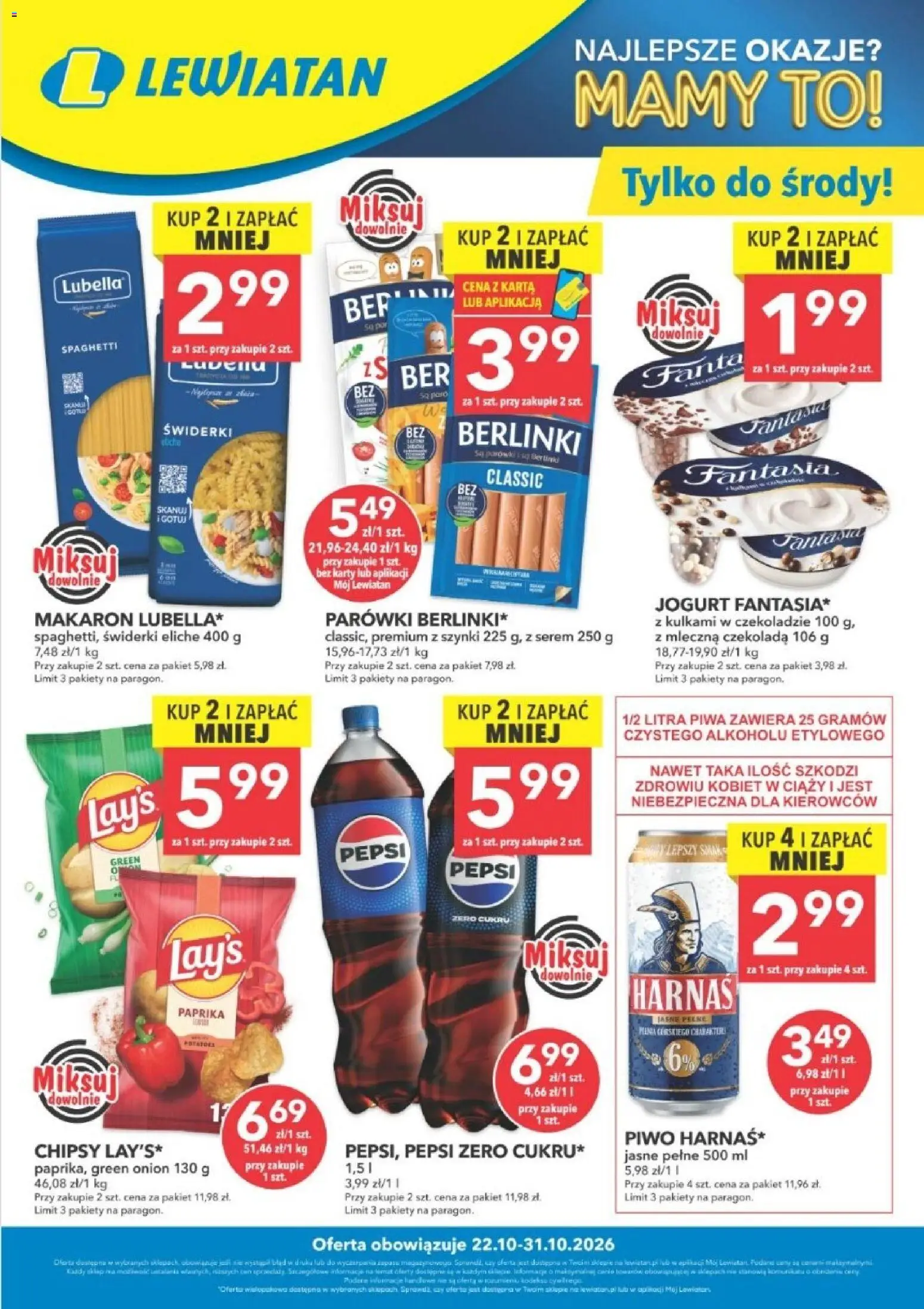 Pogląd gazetki "Lewiatan gazetka - Najlepsze okazje" ze sklepu Lewiatan ważnej od 22.10.2026 - Piwo, Spaghetti, Serem, Chipsy, Fanta, Harnaś, Parówki, Pepsi Zero