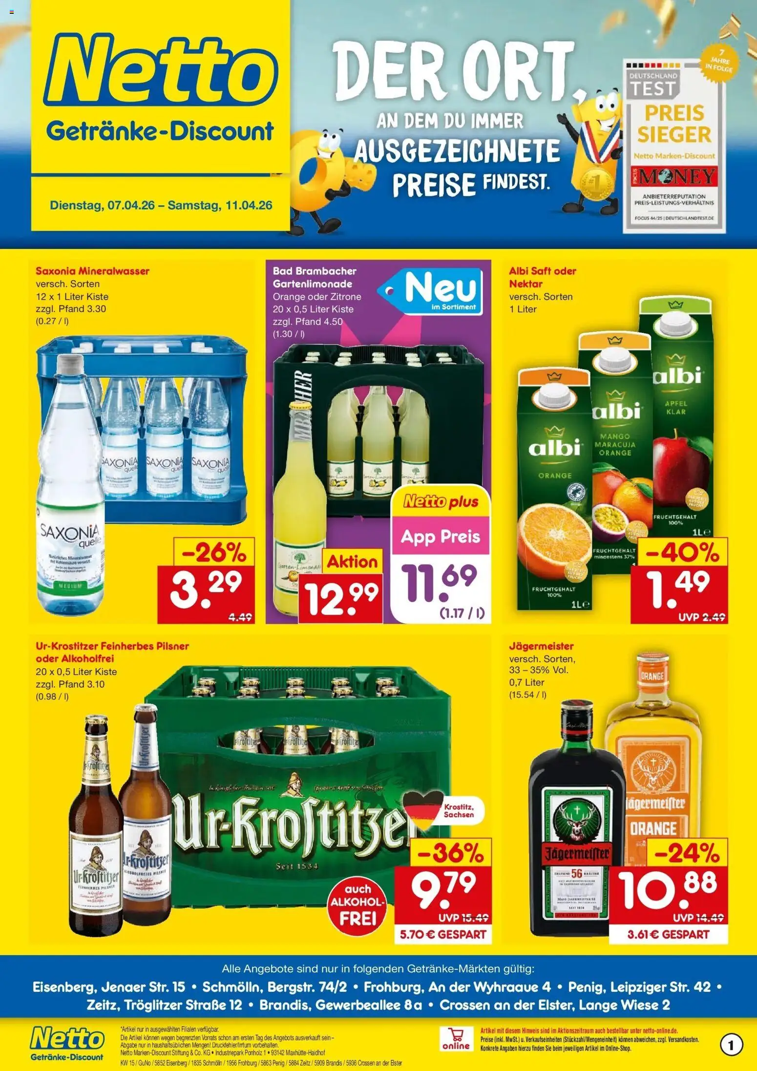 Vorschau von dem Prospekt des Geschäftes Netto Marken-Discount, gültig ab dem 07.04.2026 - Mango, Äpfel, Bad, Jägermeister, Mineralwasser, Alkohol, Zitrone, Saft