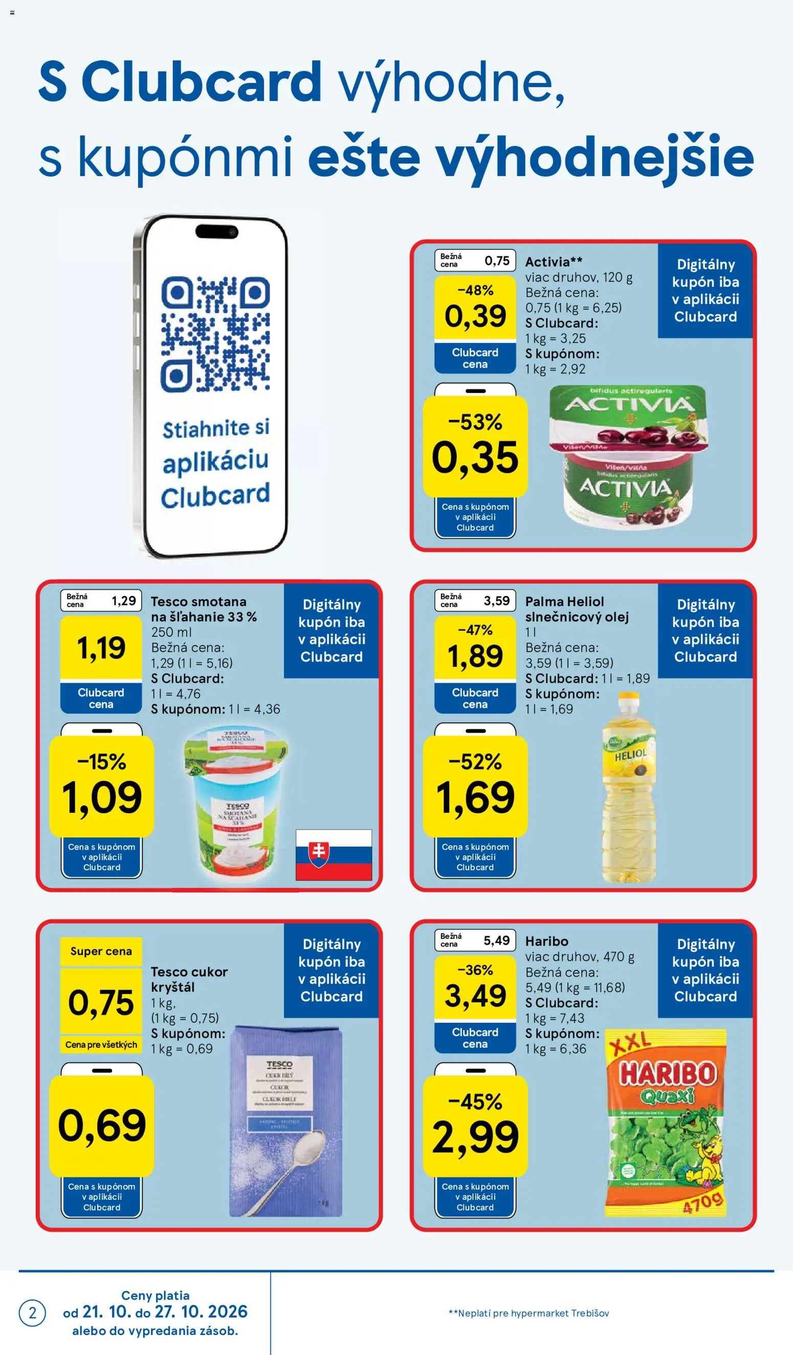 Náhľad Tesco letáku platného od 21.10.2026 - Olej, Smotana na šľahanie, Cukor, Smotana, Slnečnicový olej, Cukor kryštál, Smotana na šľahanie 33 %