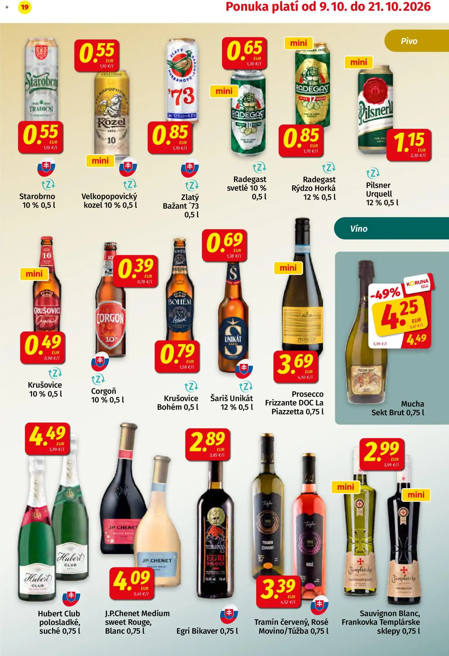 Náhľad Koruna letáku platného od 09.10.2026 - Pivo, Víno, Prosecco, Radegast, Krušovice, Šariš, Corgoň, Sekt