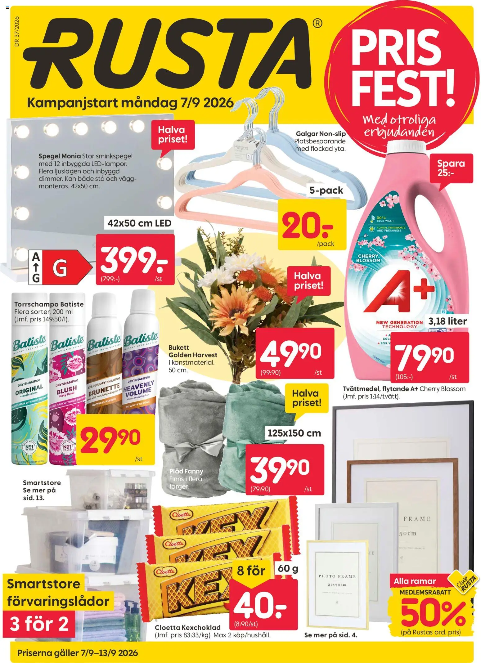 Förhandsgranska reklamblad Rusta erbjudanden från butik Rusta gäller från 07/09/2026 - Spegel, Sminkspegel, Förvaringslådor, Torrschampo, Pläd, Galler, Pads