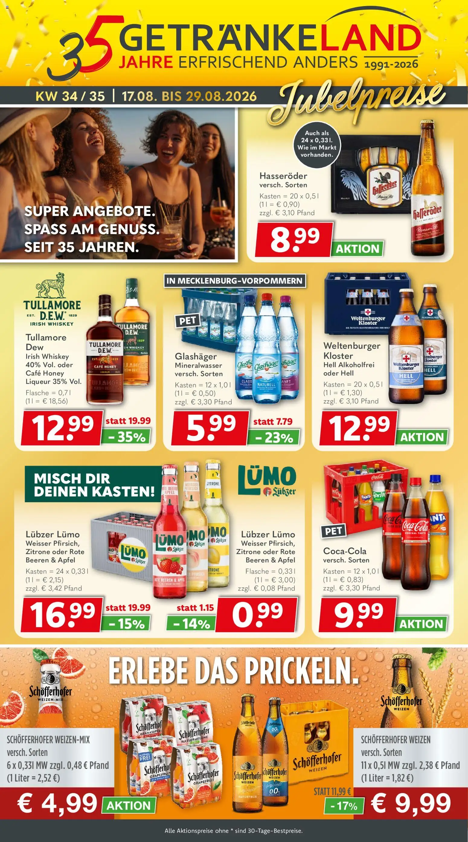 Vorschau von dem Prospekt des Geschäftes Getränkeland, gültig ab dem 17.08.2026 - Coca cola, Äpfel, Cola, Grapefruit, Pfirsich, Wassermelone, Hasseröder, Lubzer