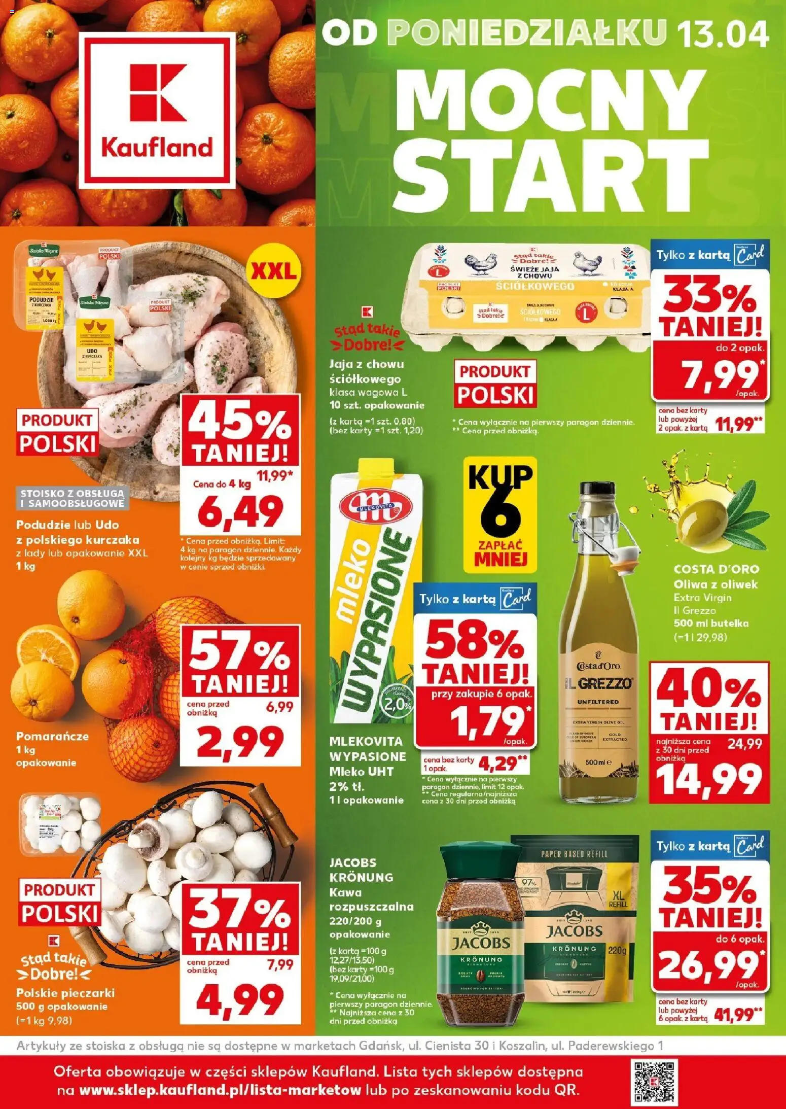 Pogląd gazetki "Kaufland gazetka - Mocny start" ze sklepu Kaufland ważnej od 13.04.2026 - Kawa, Mleko, Oliwa z oliwek, Karta, Pieczarki, Jaja, Oliwa z oliwek extra virgin, Mleko UHT