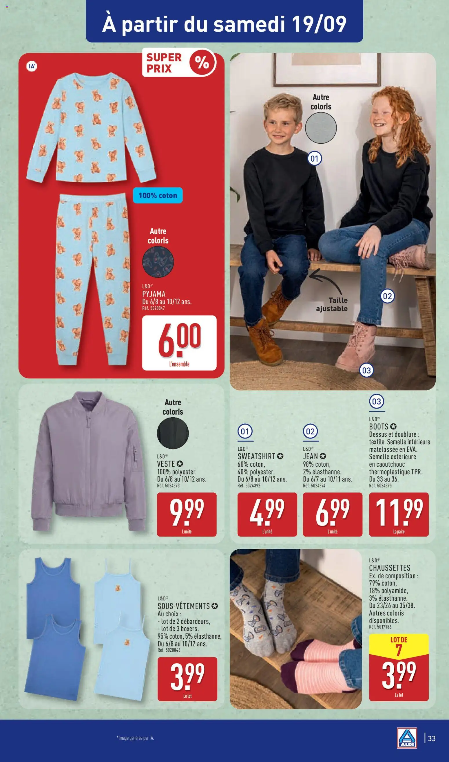 Prévisualisation de Aldi catalogue du magasin Aldi formulaire valide 15/09/2026 - Jean, Veste, Bottes, Boxers, Pyjama, Chaussettes, Coton, Sous-vêtements