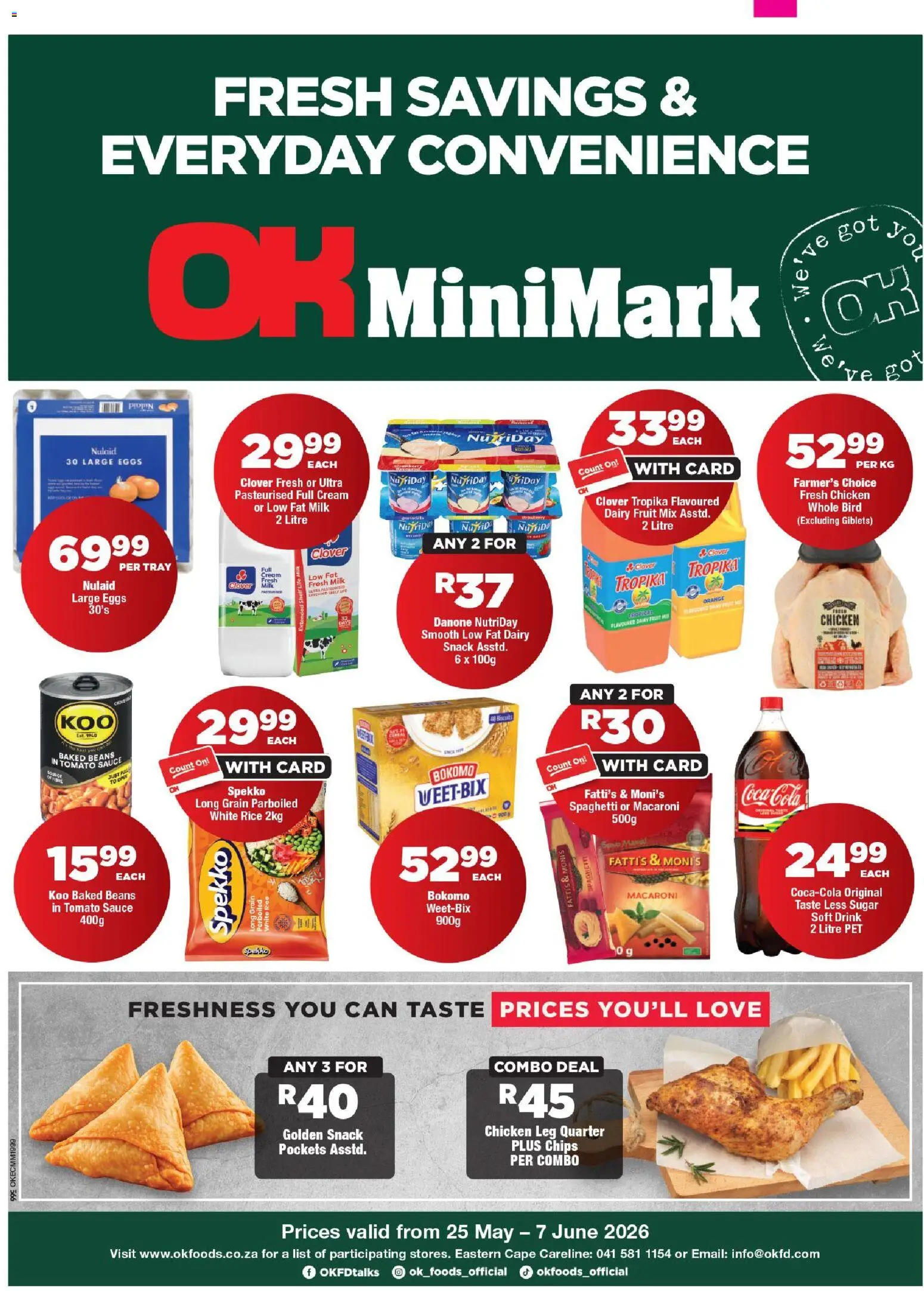 Preview of OK Foods flyer valid from 25/05/2026 - Chicken, Shelf, Chips, Cream, Spaghetti, Beans, Baked beans, Sauce