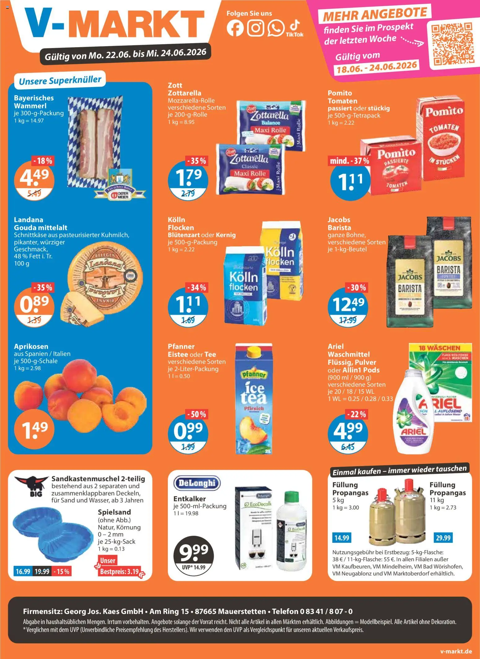 Vorschau von dem Prospekt des Geschäftes V-Markt, gültig ab dem 22.06.2026 - Telefon, Bad, Pfirsich, Tomaten, Waschmittel, Gouda, Flocken, Kolln