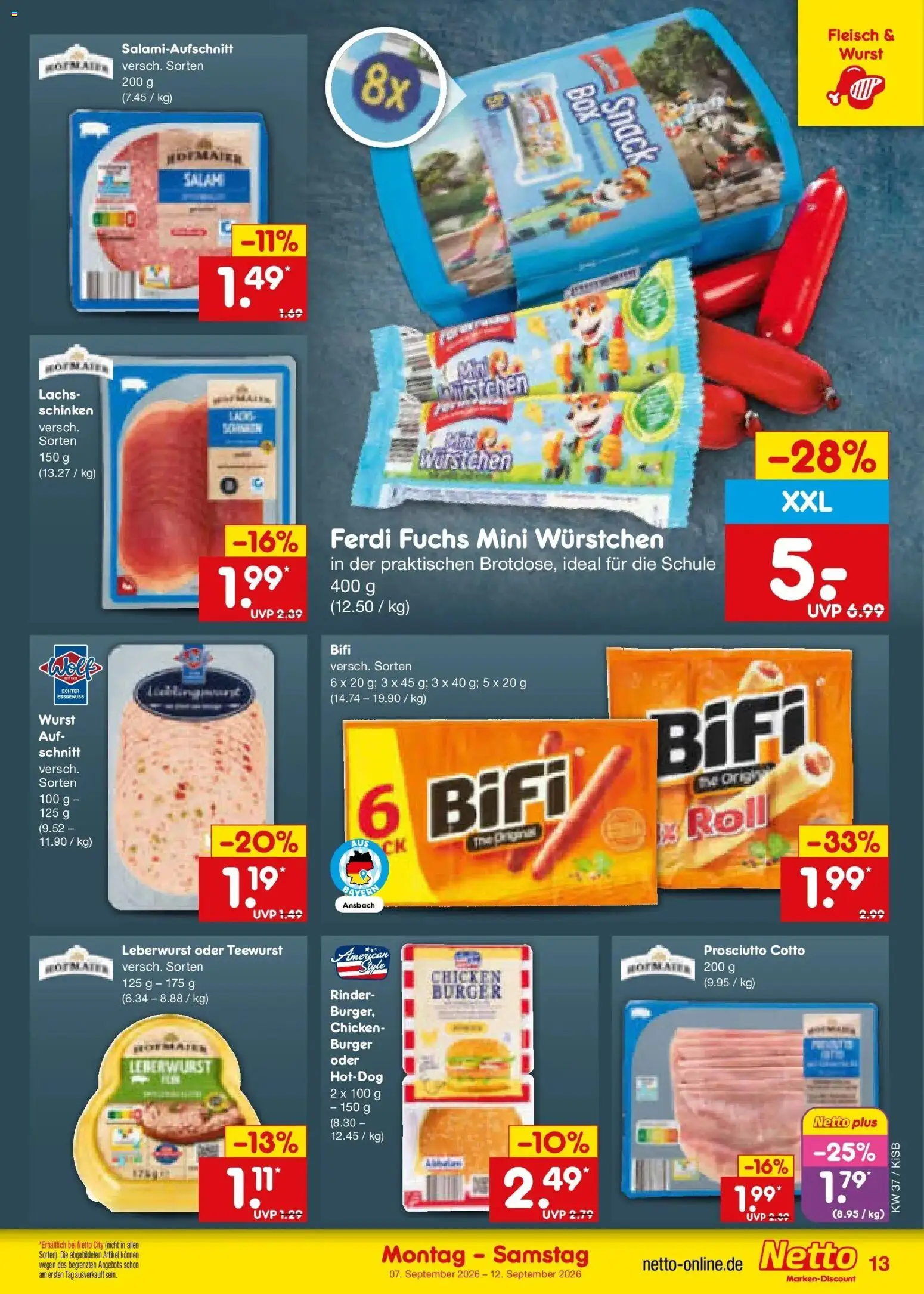 Vorschau von dem Prospekt des Geschäftes Netto Marken-Discount, gültig ab dem 07.09.2026 - Burger, Wurst, Lachs, Fleisch, Salami, Schinken, Bifi