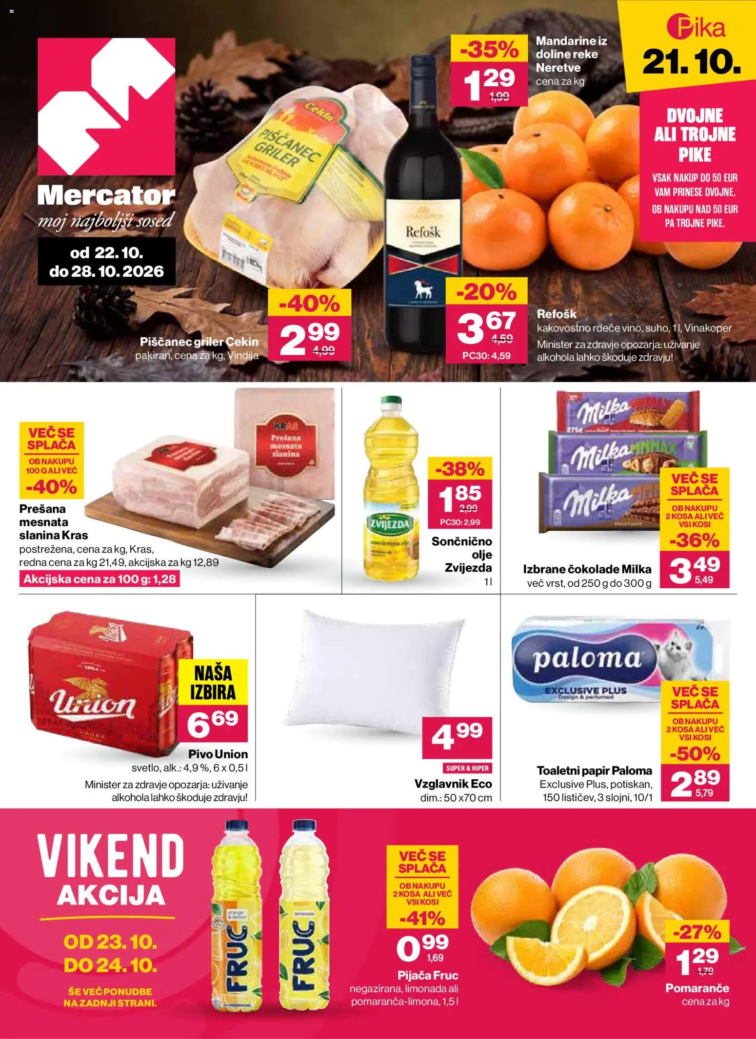 Predogled kataloga iz trgovine Mercator veljaven od 22.10.2026 - Pivo, Olje, Limona, Vzglavnik, Mandarine, Limonada, Toaletni papir, Pomarance