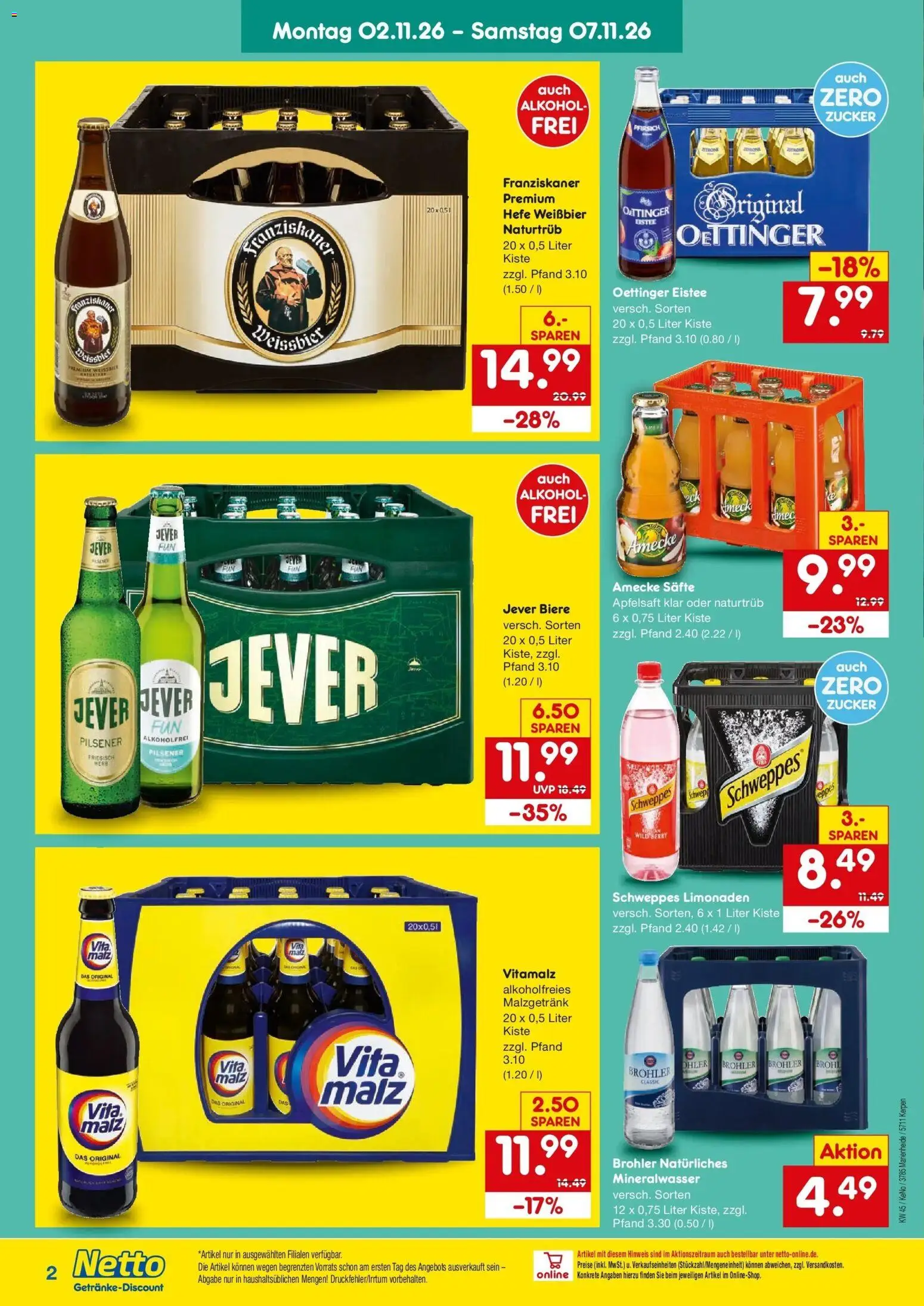 Vorschau von dem Prospekt des Geschäftes Netto Marken-Discount, gültig ab dem 02.11.2026 - Mineralwasser, Alkohol, Zucker, Schweppes, Oettinger, Franziskaner, Weißbier, Hefe weissbier