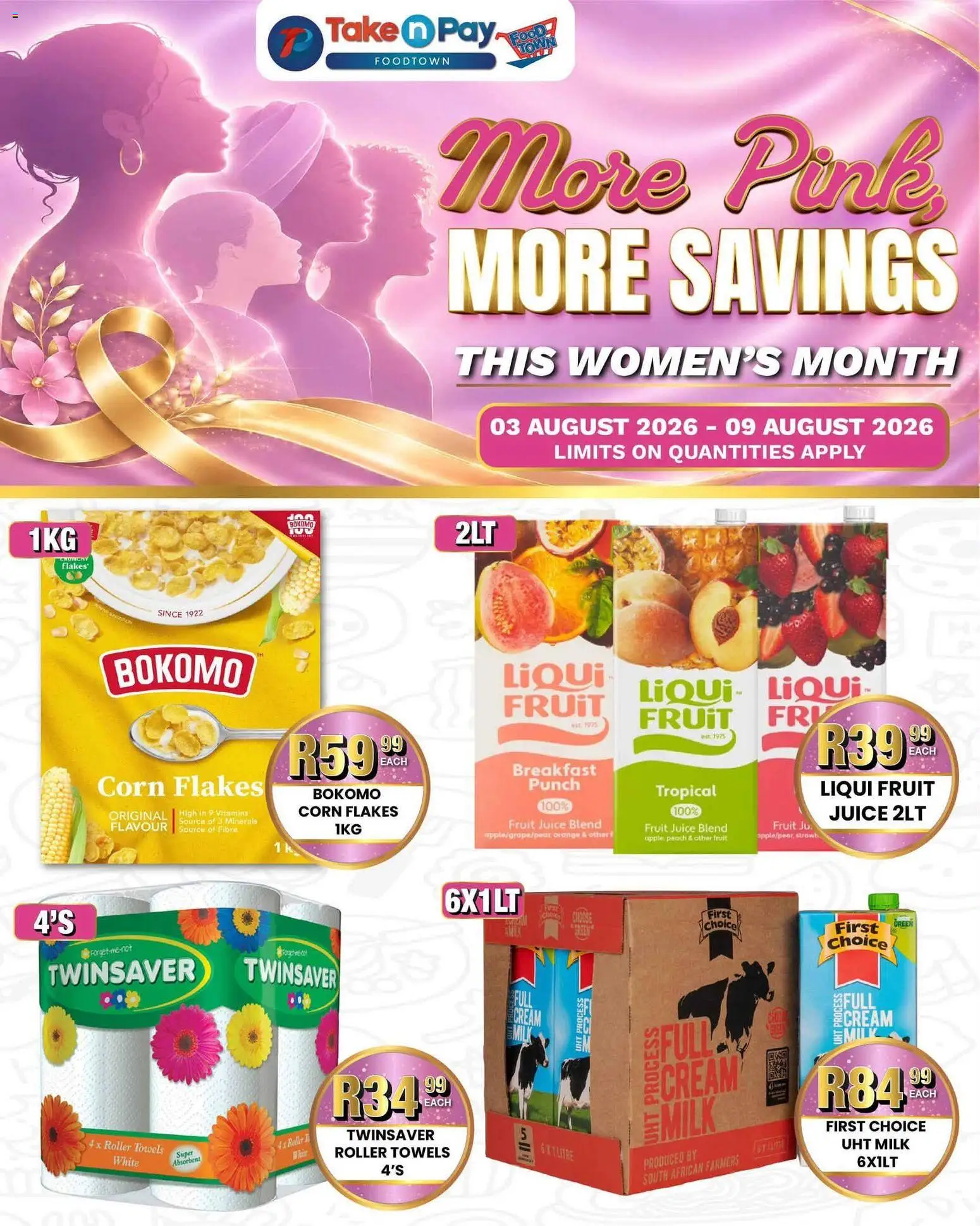 Preview of Take n Pay flyer valid from 03/08/2026 - Breakfast, Fruit, Milk, Corn, Vitamins, Towels, Corn flakes, Flakes