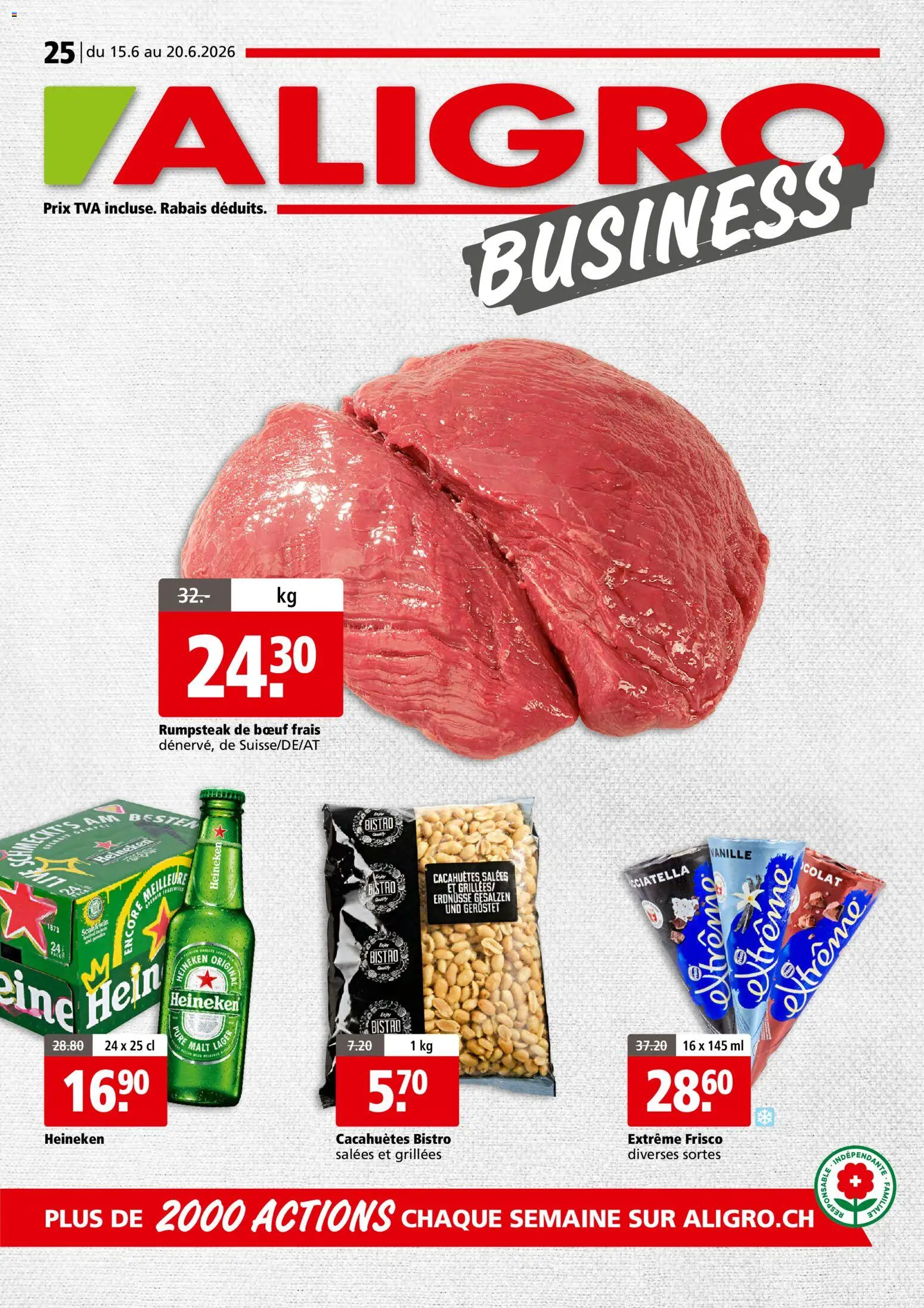 Vorschau des Merkblatts Aligro aktionen Business Chavannes, Matran, Genève, Sion vom Shop Aligro gültig von 15.06.2026 bis 20.06.2026 - Rumpsteak, Erdnüsse