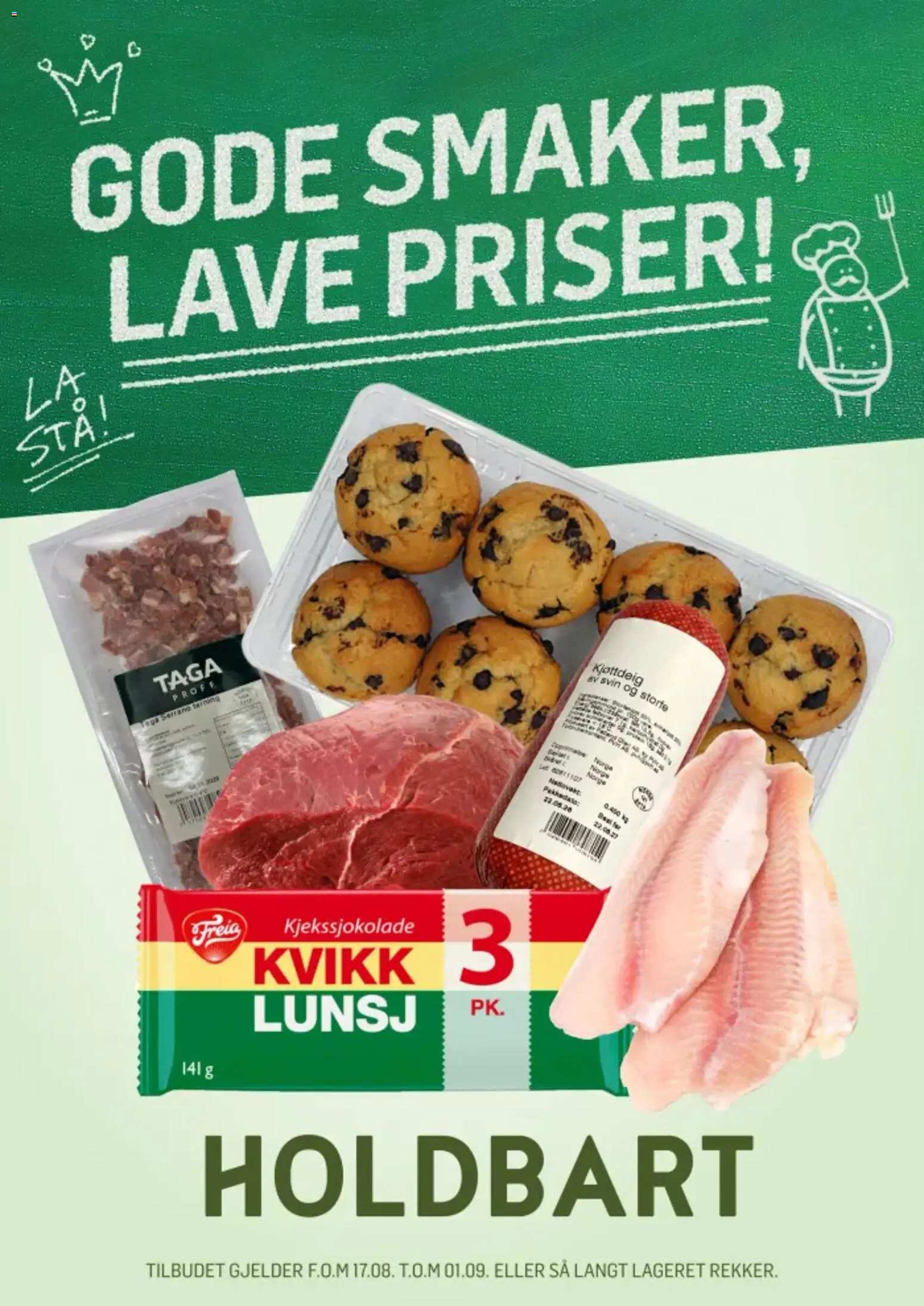 Forhåndsvis Holdbart kundeavis fra butikk Holdbart gyldig fra 17/08/2026 - Svin, Kjøttdeig, Kvikk Lunsj