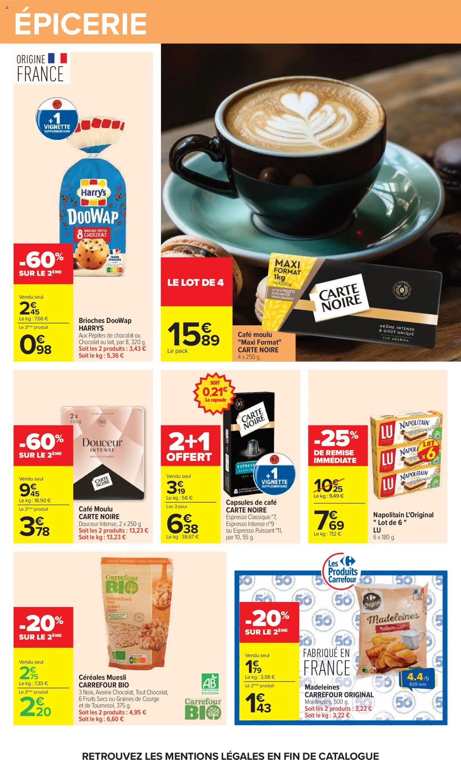 Prévisualisation de Carrefour Vos promos du quotidien du magasin Carrefour formulaire valide 27/10/2026 - Café, Madeleines, Fruits, Courge, Muesli, Graines de courge, Graines, Pépites de chocolat
