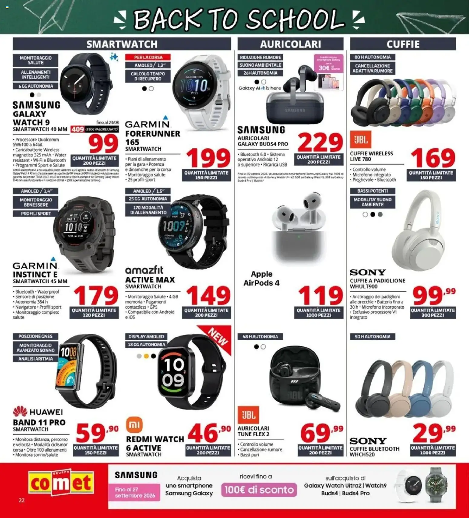Anteprima dell'opuscolo Comet volantino Back to school dal negozio Comet valido da 20/08/2026 - Samsung, Airpods, Smartphone, Caricabatterie, Cuffie, USB, Smartphone samsung, Auricolari