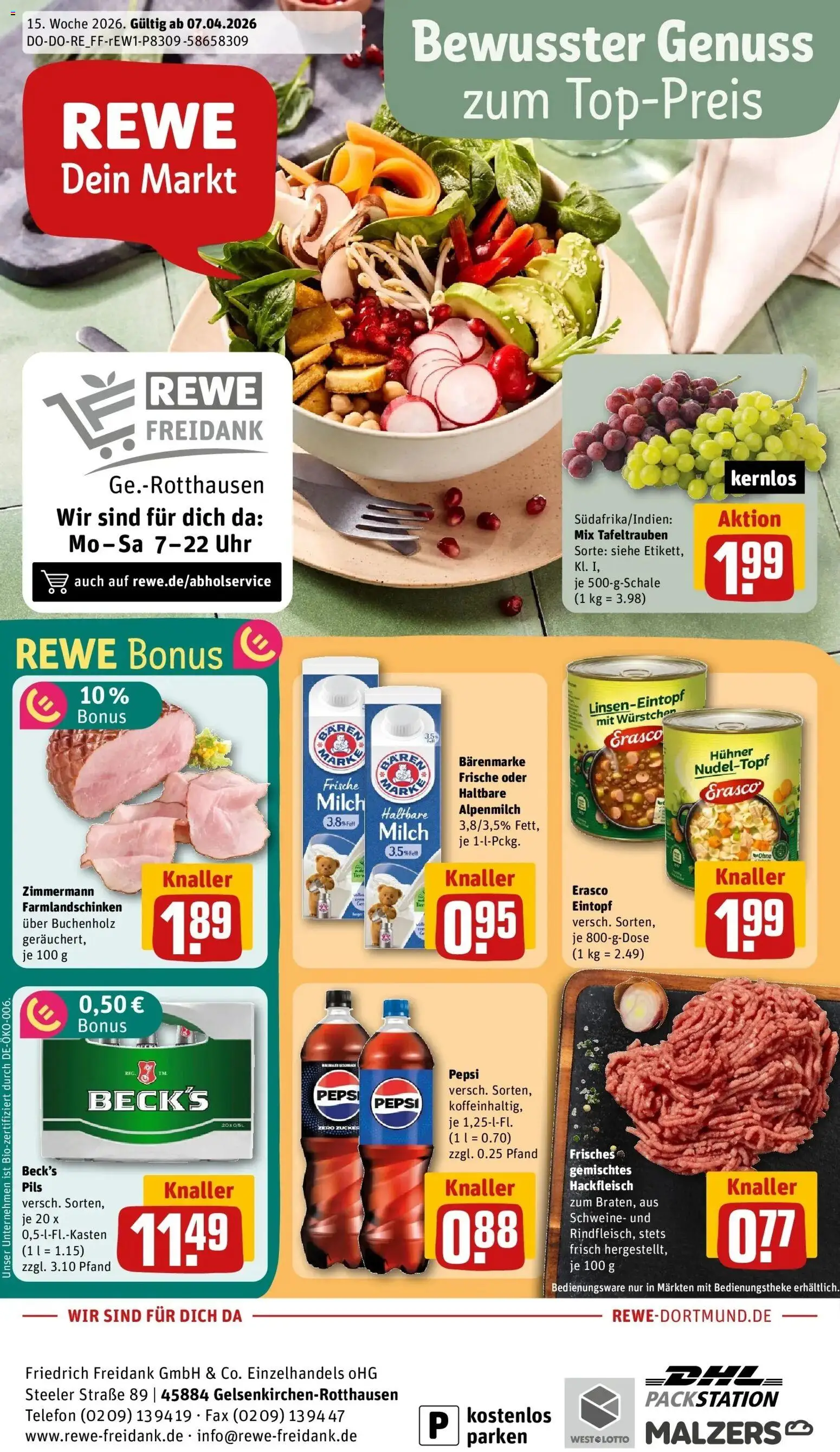 Vorschau von dem Prospekt des Geschäftes Rewe, gültig ab dem 05.04.2026 - Uhr, Telefon, Milch, Hackfleisch, Zucker, Pepsi, Pils, Erasco