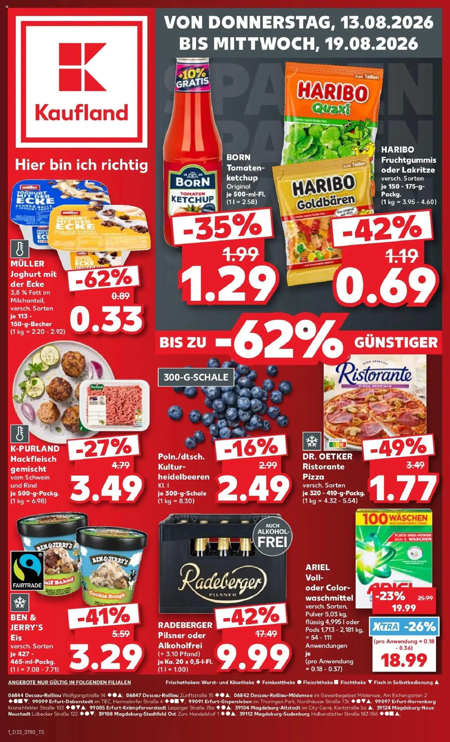Vorschau von dem Prospekt des Geschäftes Kaufland, gültig ab dem 13.08.2026 - Pizza, Wurst, Heidelbeeren, Hackfleisch, Tomaten, Waschmittel, Ketchup, Ben & Jerry's