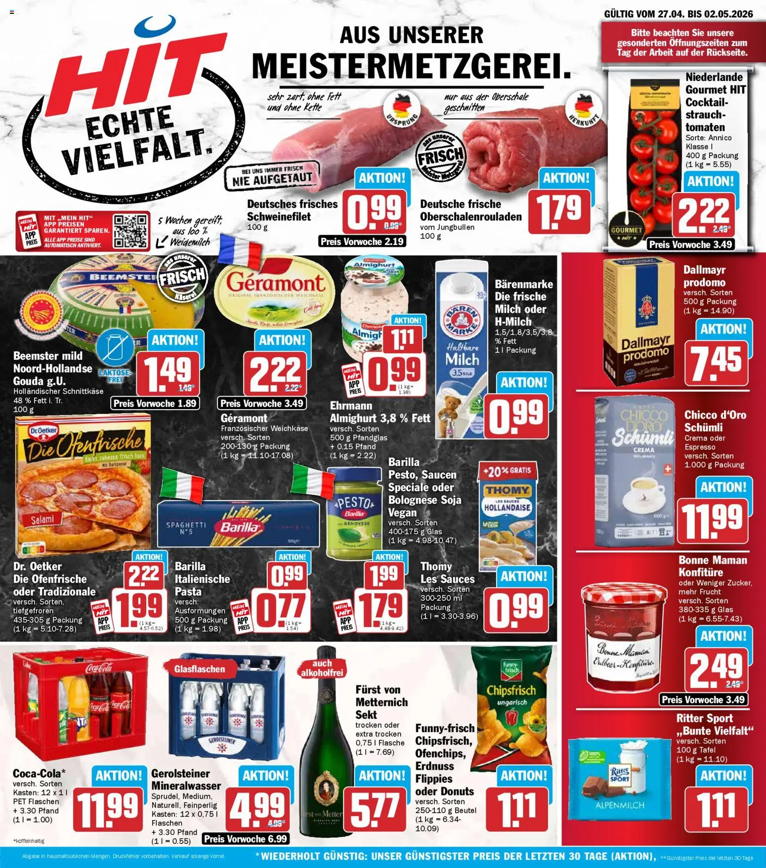 Vorschau von dem Prospekt des Geschäftes HIT, gültig ab dem 27.04.2026 - Pasta, Mineralwasser, Gerolsteiner, Milch, Salami, Barilla, Tomaten, Geramont