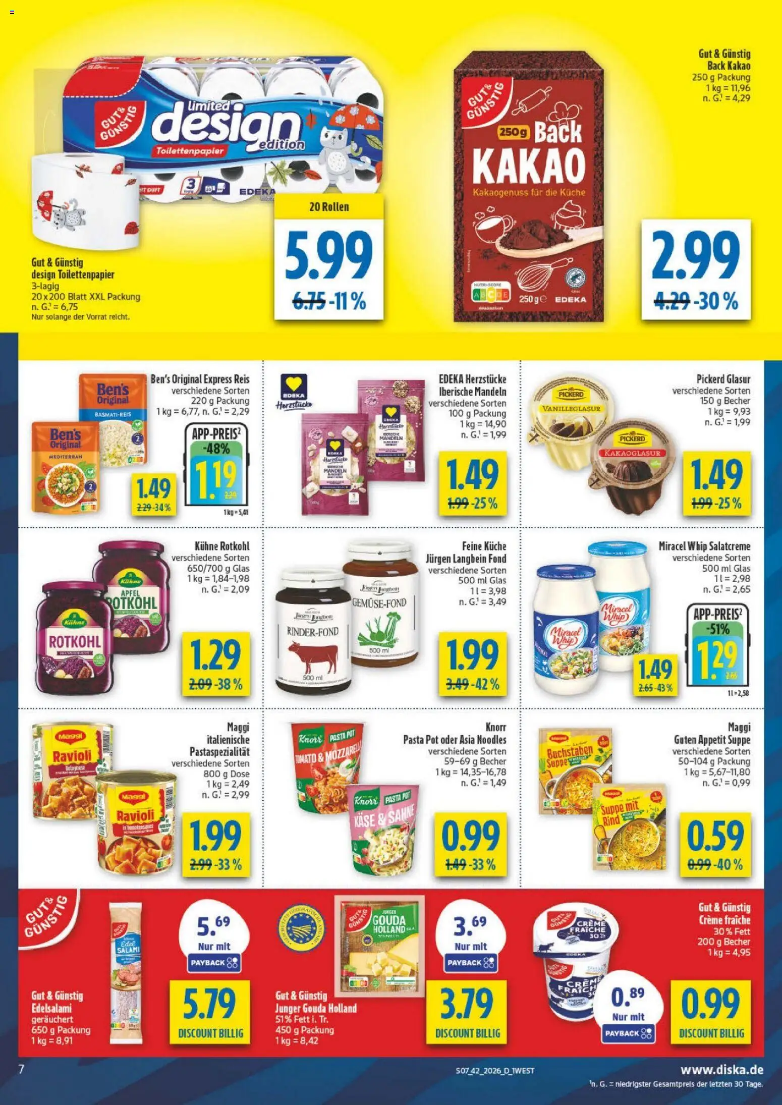 Vorschau von dem Prospekt des Geschäftes Diska, gültig ab dem 12.10.2026 - Küche, Käse, Pasta, Rotkohl, Reis, Mandeln, Knorr, Creme