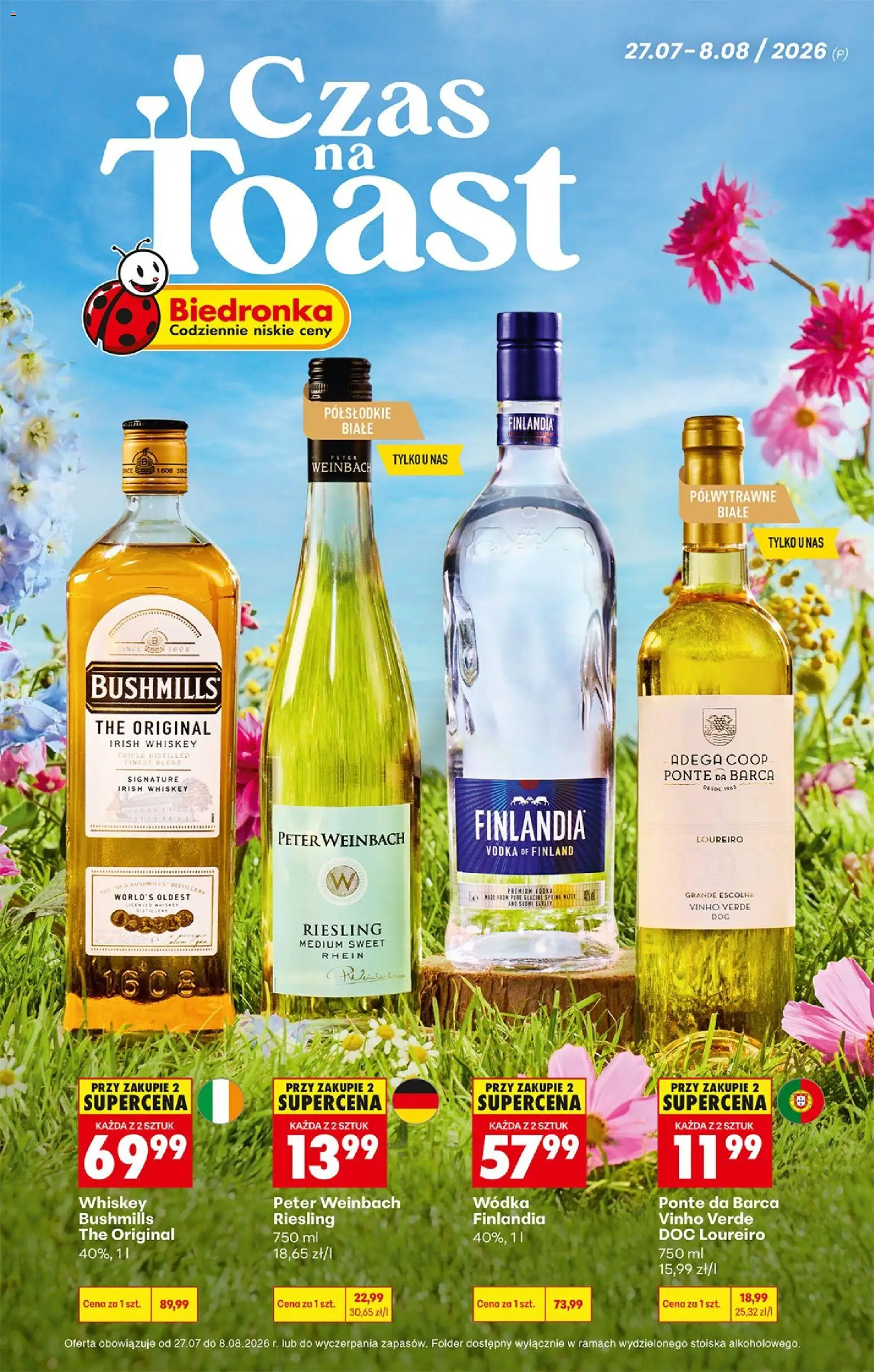 Pogląd gazetki "Biedronka gazetka - Czas na toast" ze sklepu Biedronka ważnej od 27.07.2026 - Wódka, Riesling, Vodka, Finlandia Vodka, Wódka finlandia, Vinho verde, Irish whiskey