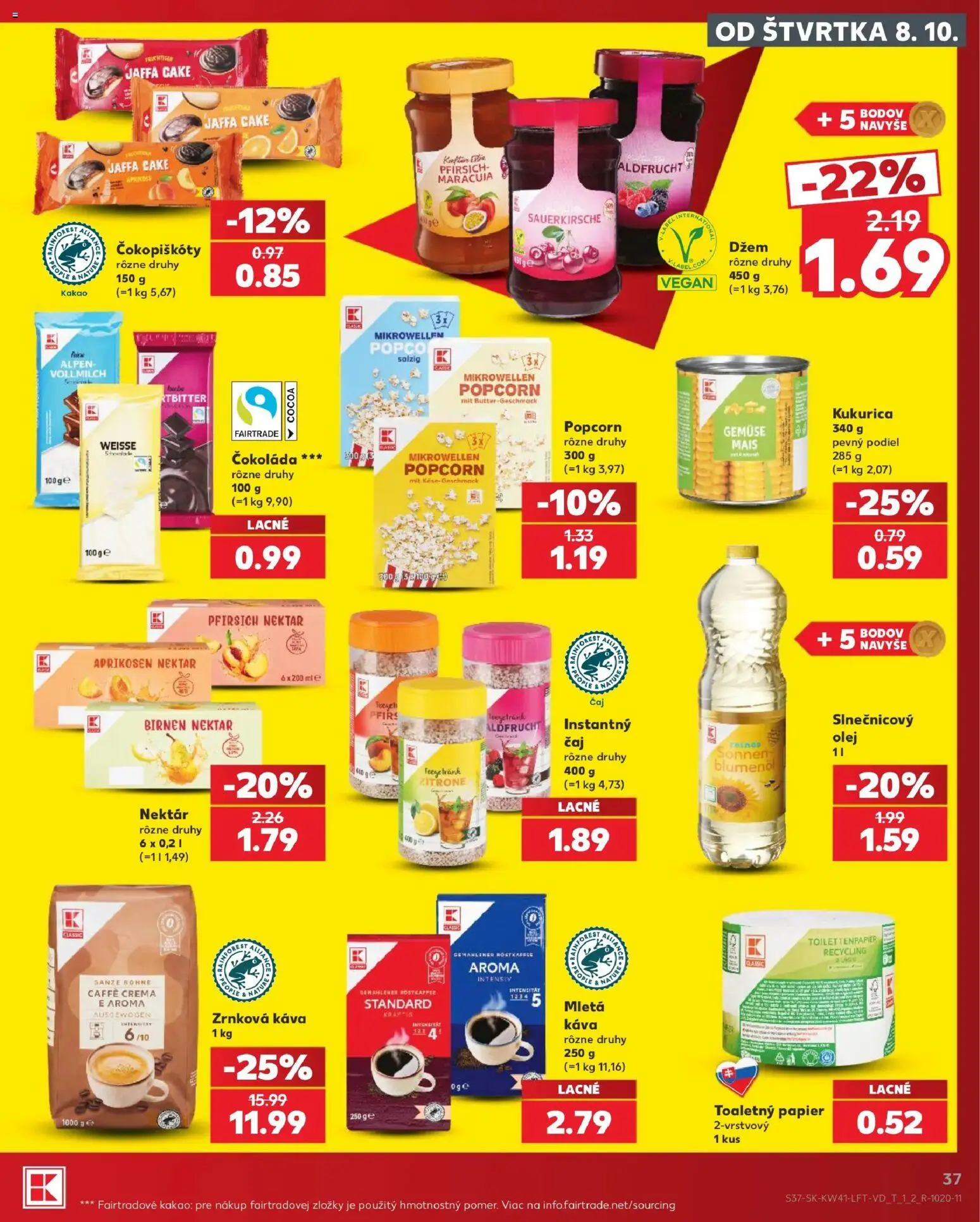 Náhľad Kaufland letáku platného od 08.10.2026 - Káva, Čokoláda, Kukurica, Toaletný papier, Popcorn, Kakao, Zrnková káva, Džem
