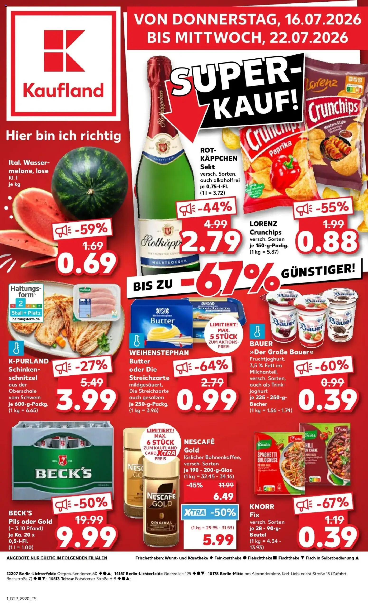 Vorschau von dem Prospekt des Geschäftes Kaufland, gültig ab dem 16.07.2026 - Butter, Schnitzel, Paprika, Sekt, Schinken, Nescafe, Knorr, Pils
