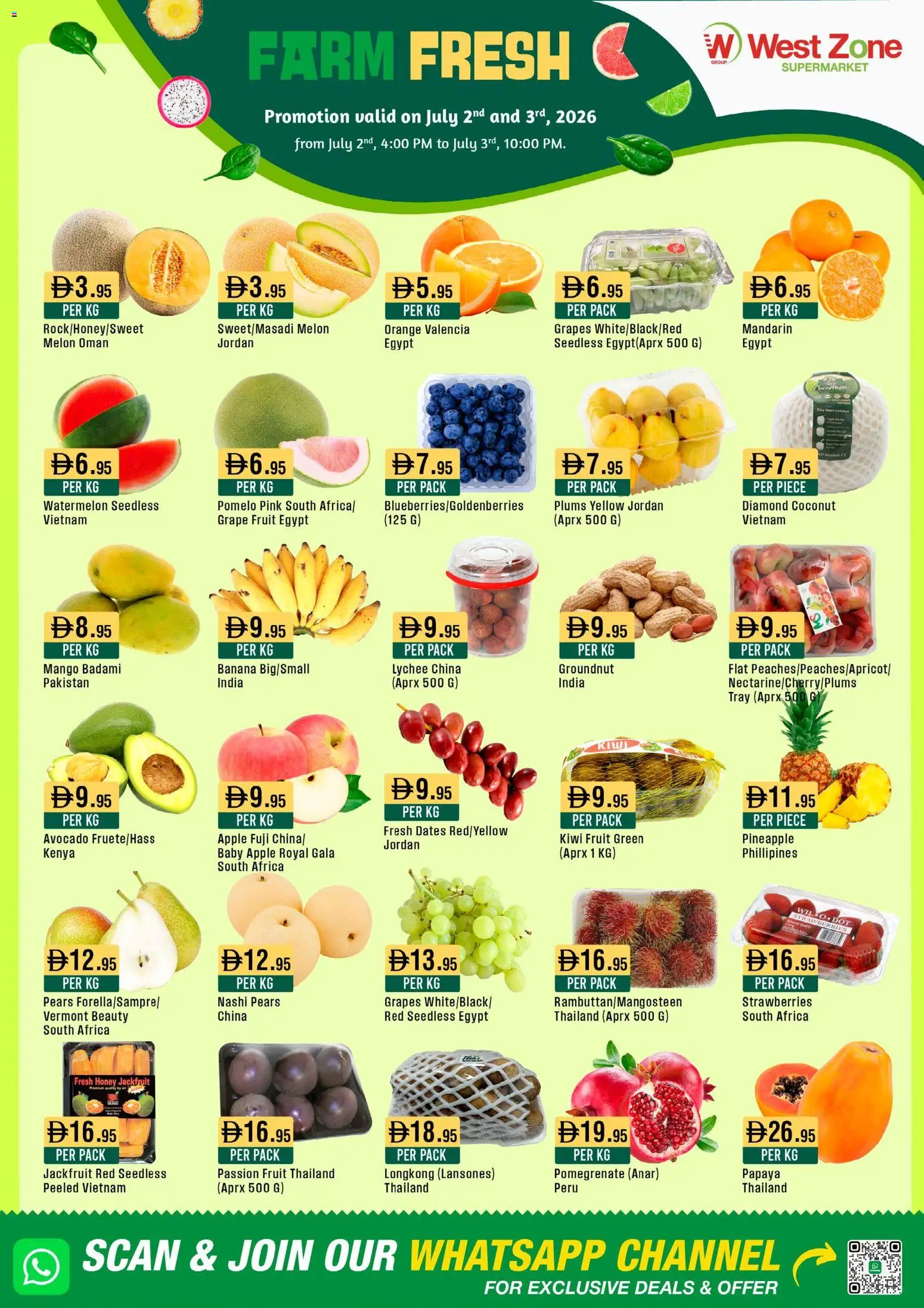 Preview of the catalogue Westzone Supermarket catalogue farm fresh of store Westzone Supermarket valid from 2 Jul, 2026 - Apple, Mango, Fruit, Strawberries, Pineapple, Kiwi, Pears, Grapes