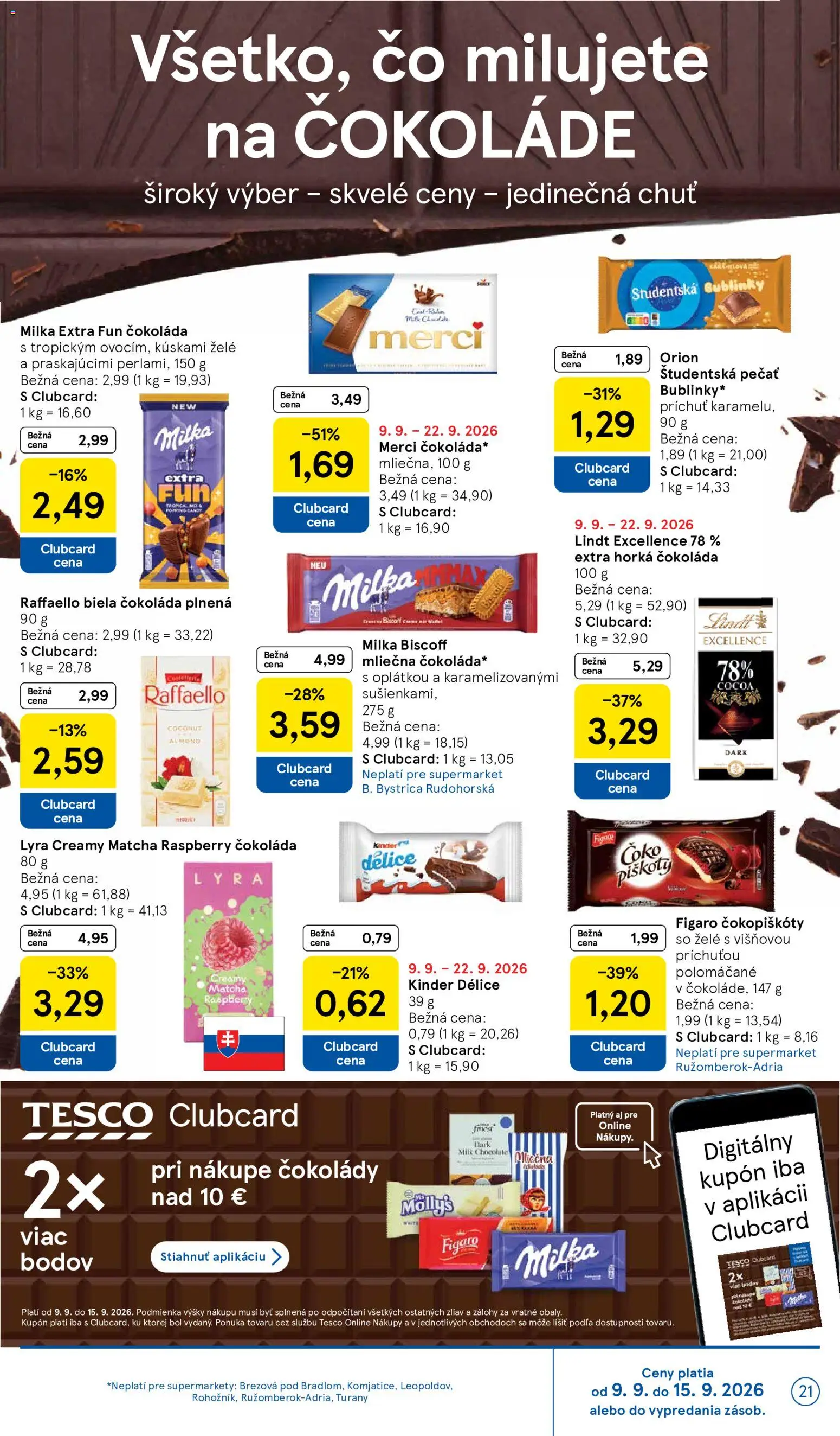 Náhľad Tesco letáku platného od 09.09.2026 - Čokoláda, Lindt, Kinder, Milka, Raffaello, Merci, Biela čokoláda, Študentská pečať